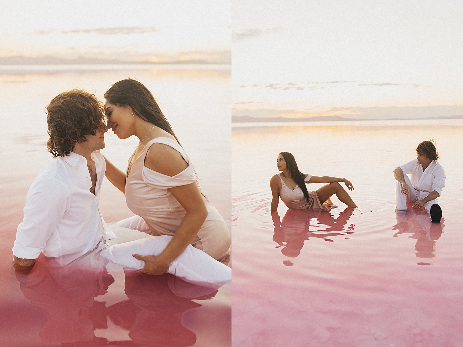 brunette in white dress sits in pink lake showing 10 Tips for Nailing Your Engagement Session