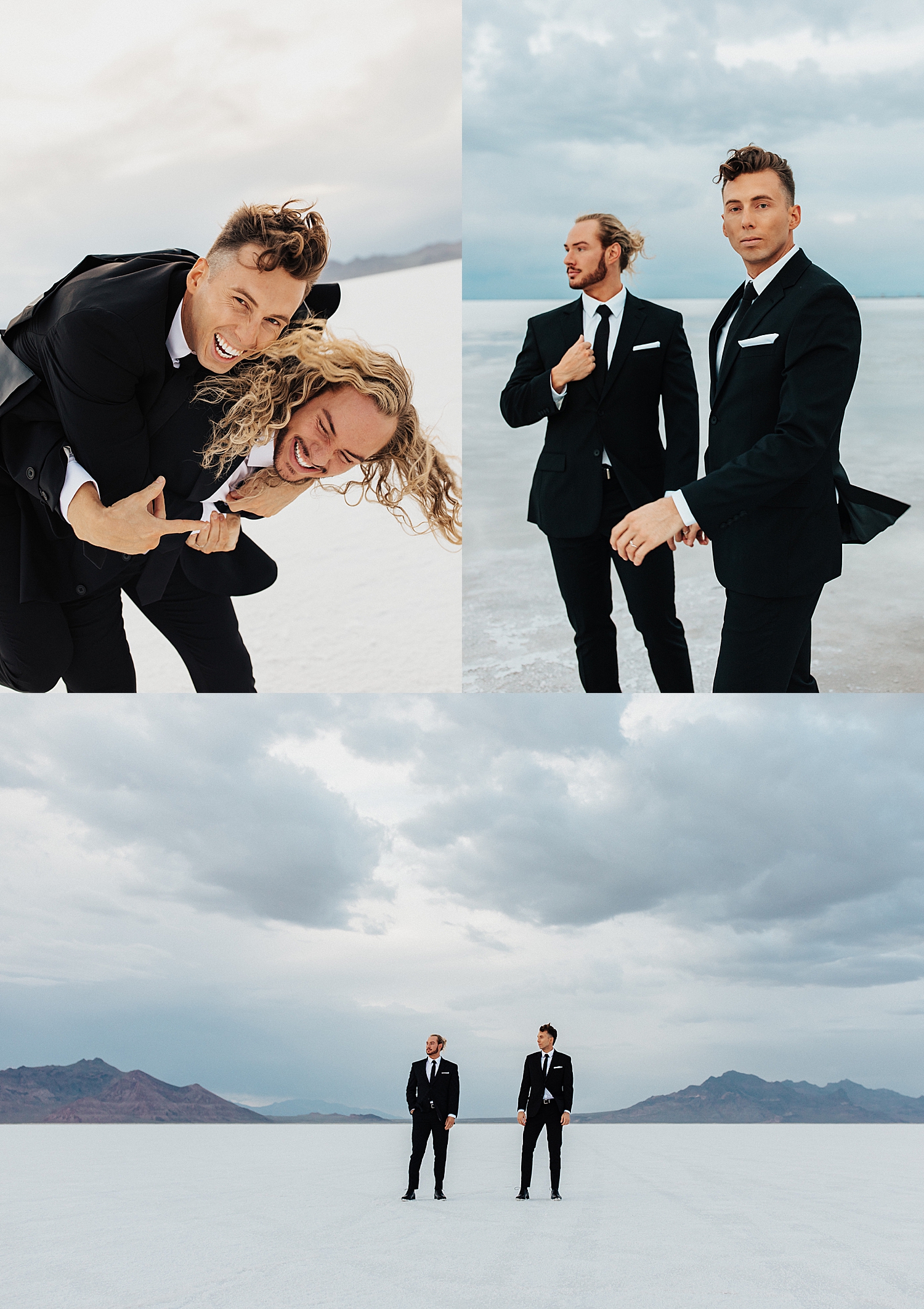 two grooms hug on the salt flats showing 10 Tips for Nailing Your Engagement Session