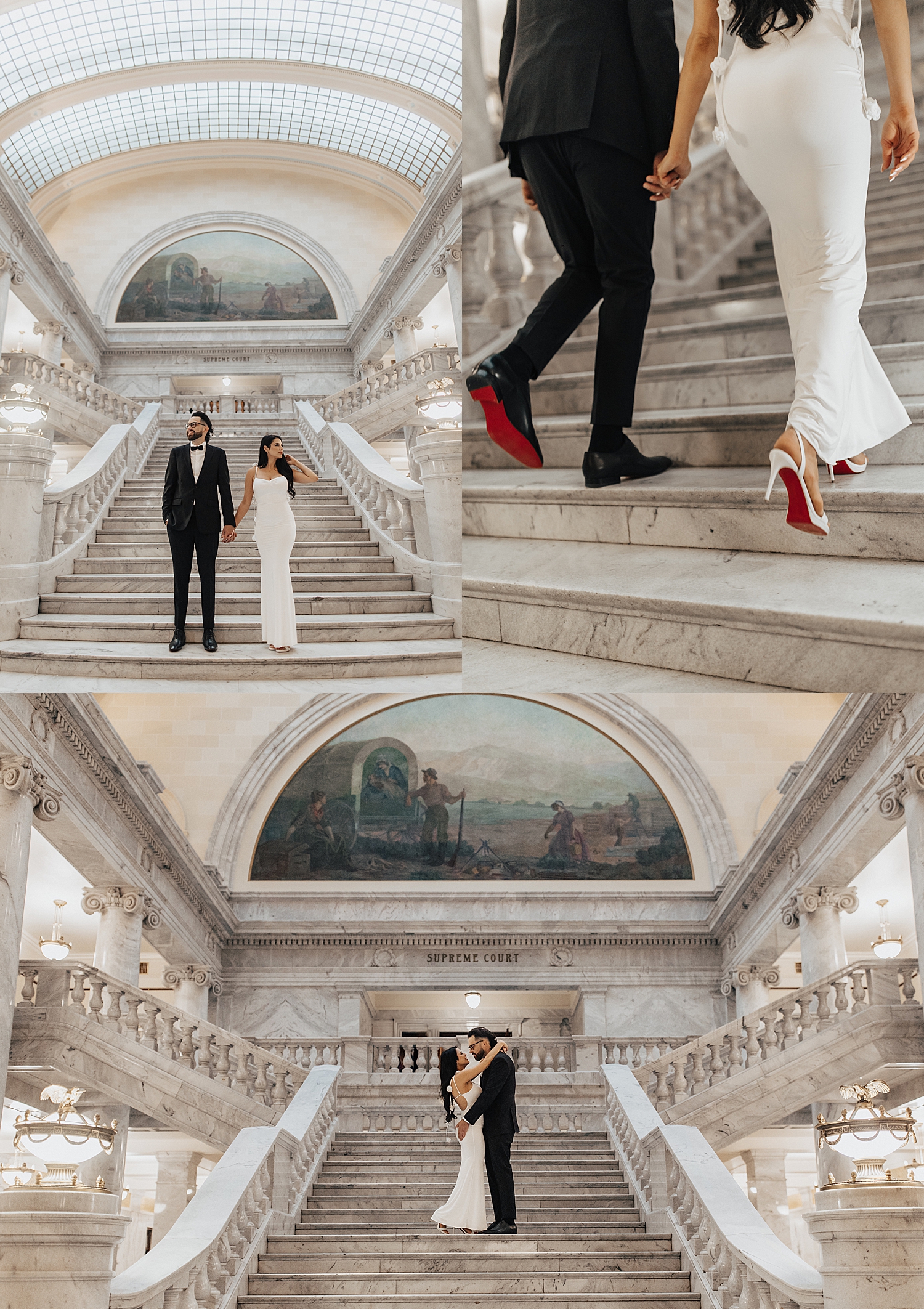 engaged couple walk up the steps of big museum by Destination wedding photographer