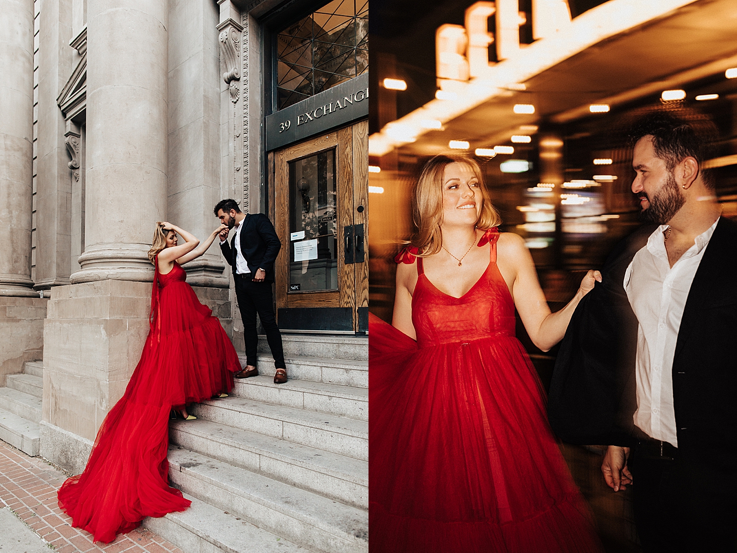 blonde in bright red dress on steps showing 10 Tips for Nailing Your Engagement Session