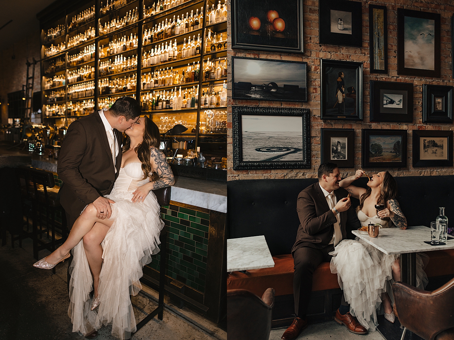 newlyweds kiss, leaning against a bar by Destination wedding photographer