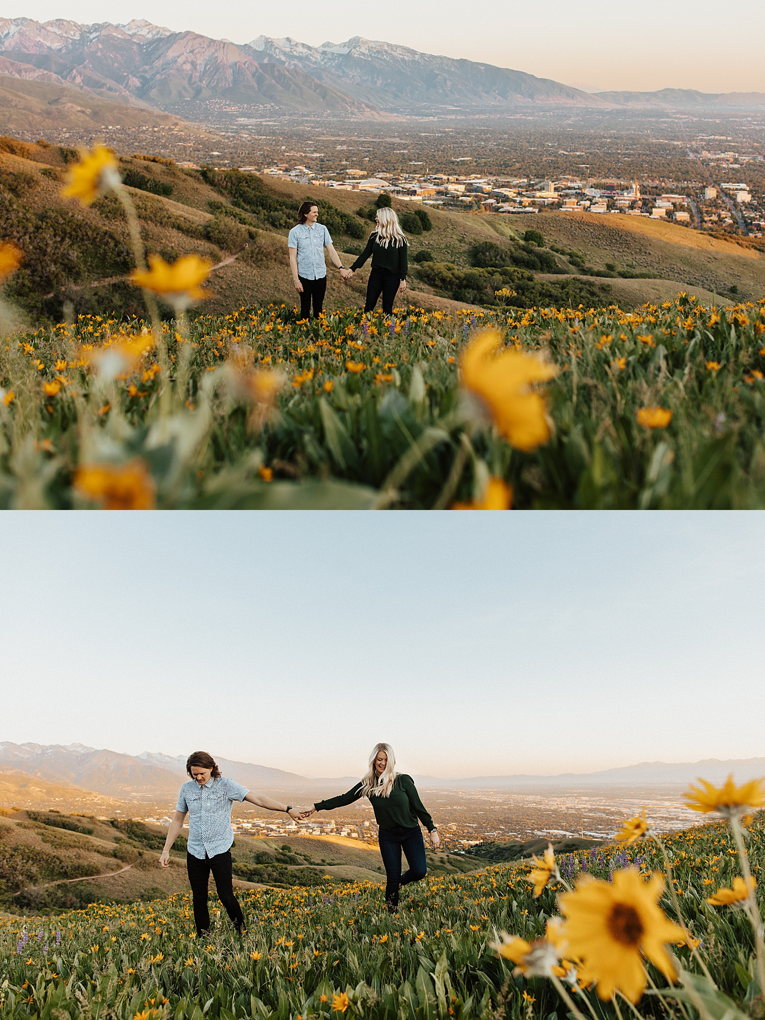 husband and wife walk hand in hand through flower field by Nicole Aston Photography