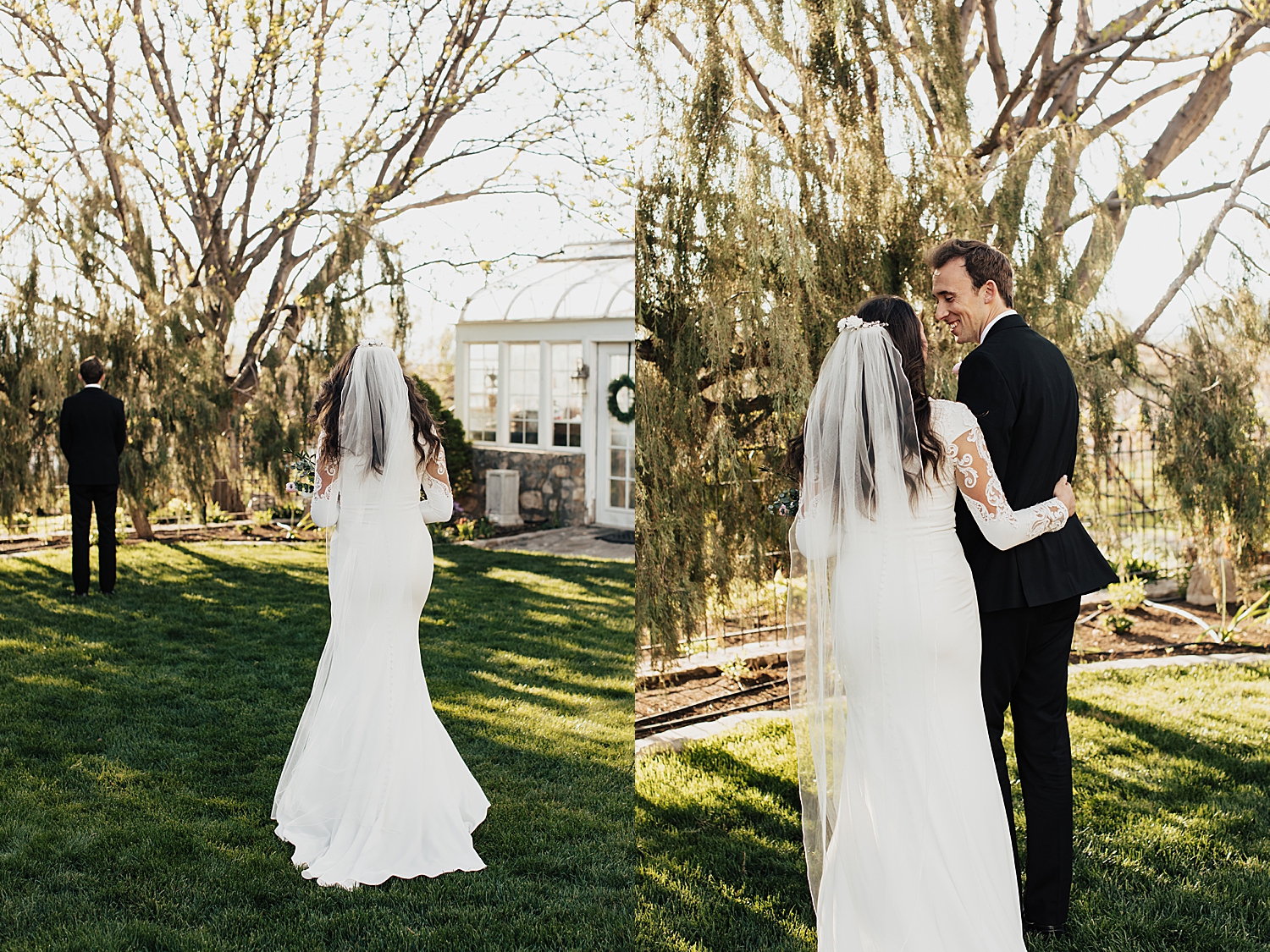 woman approaches man for first look on lawn for blossom bridal session