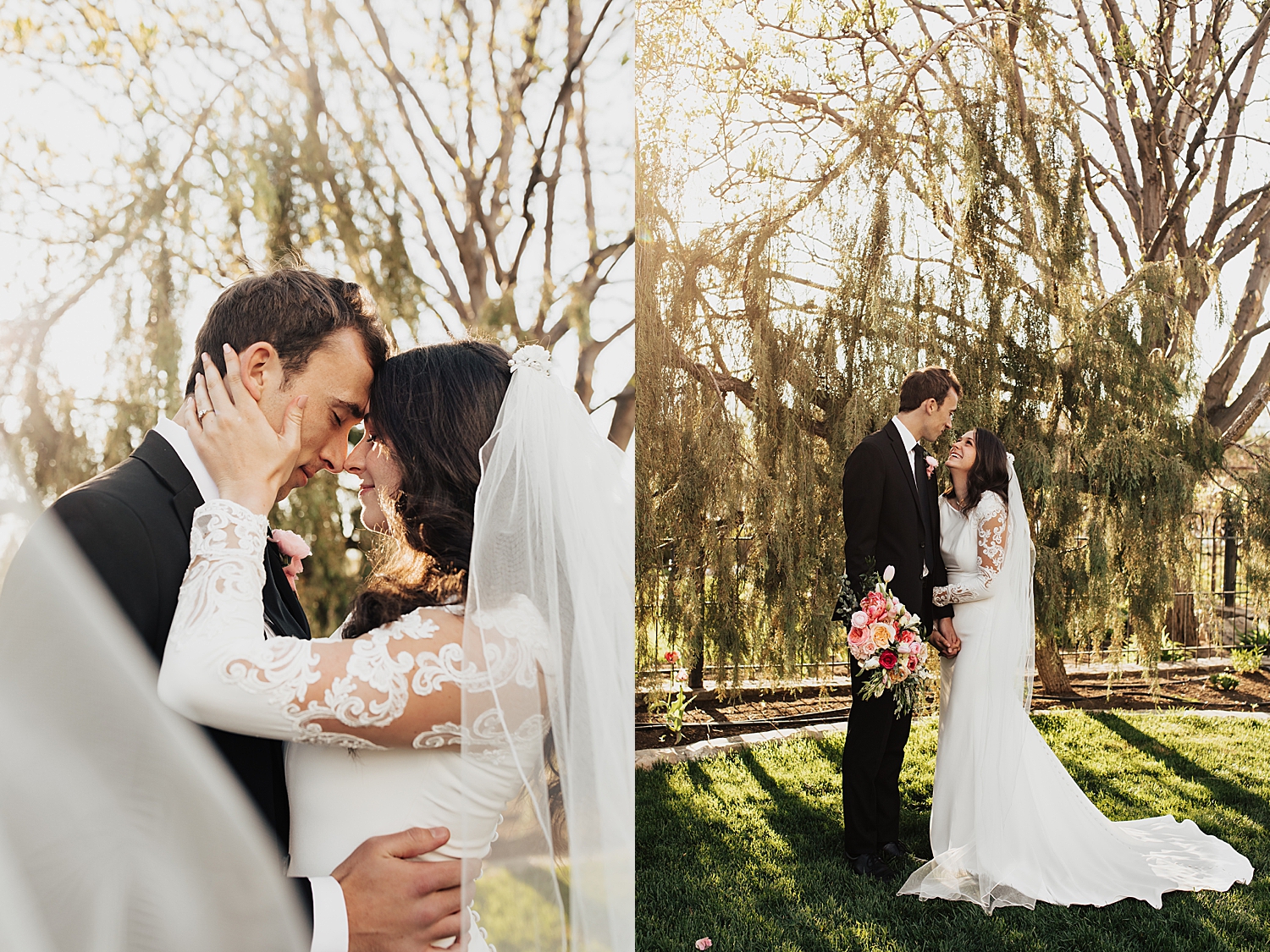 newlyweds kiss in the garden during golden hour by destination wedding photographer