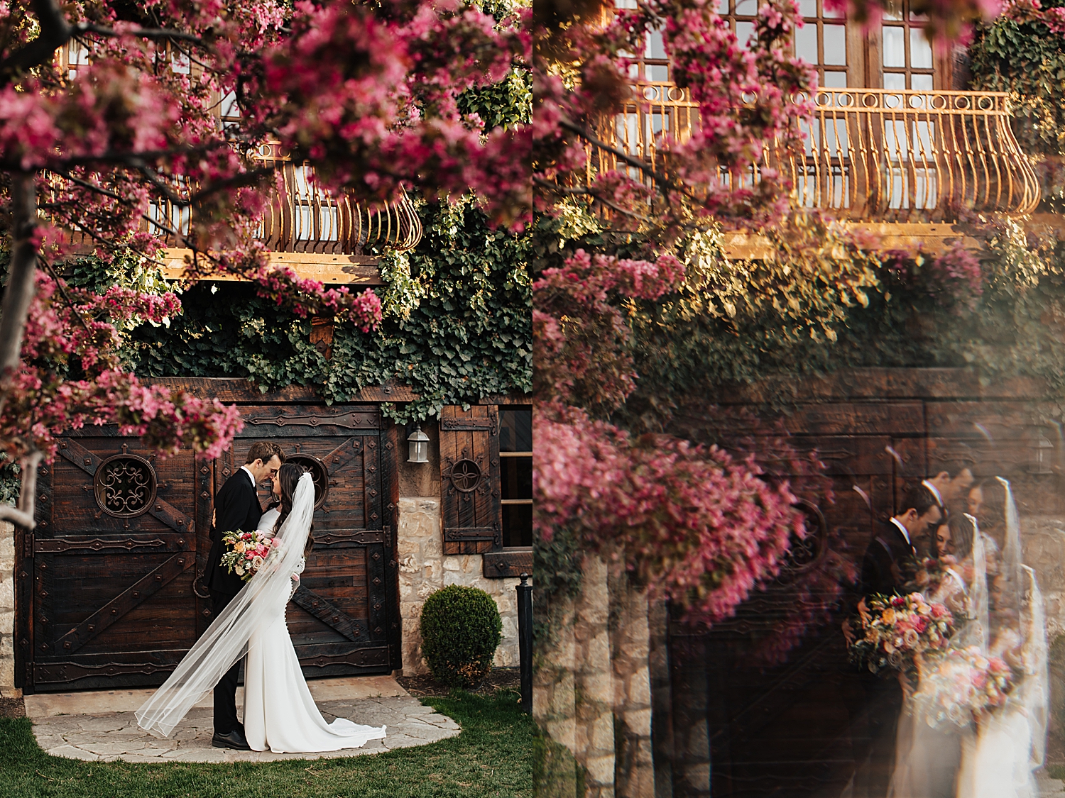 newlyweds embrace in front of wooden door for blossom bridal session