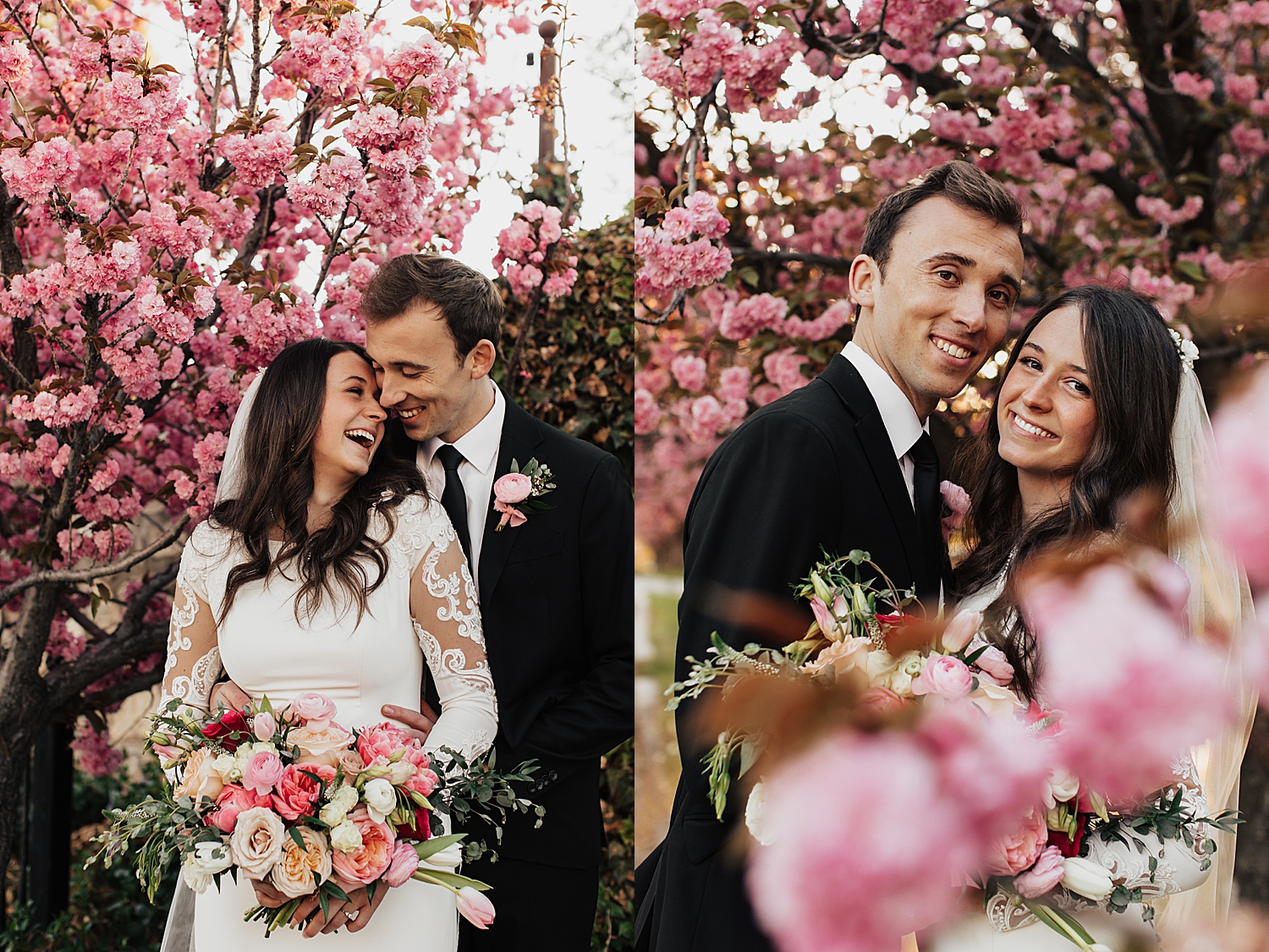 man and woman laugh together under pink flowers for blossom bridal session