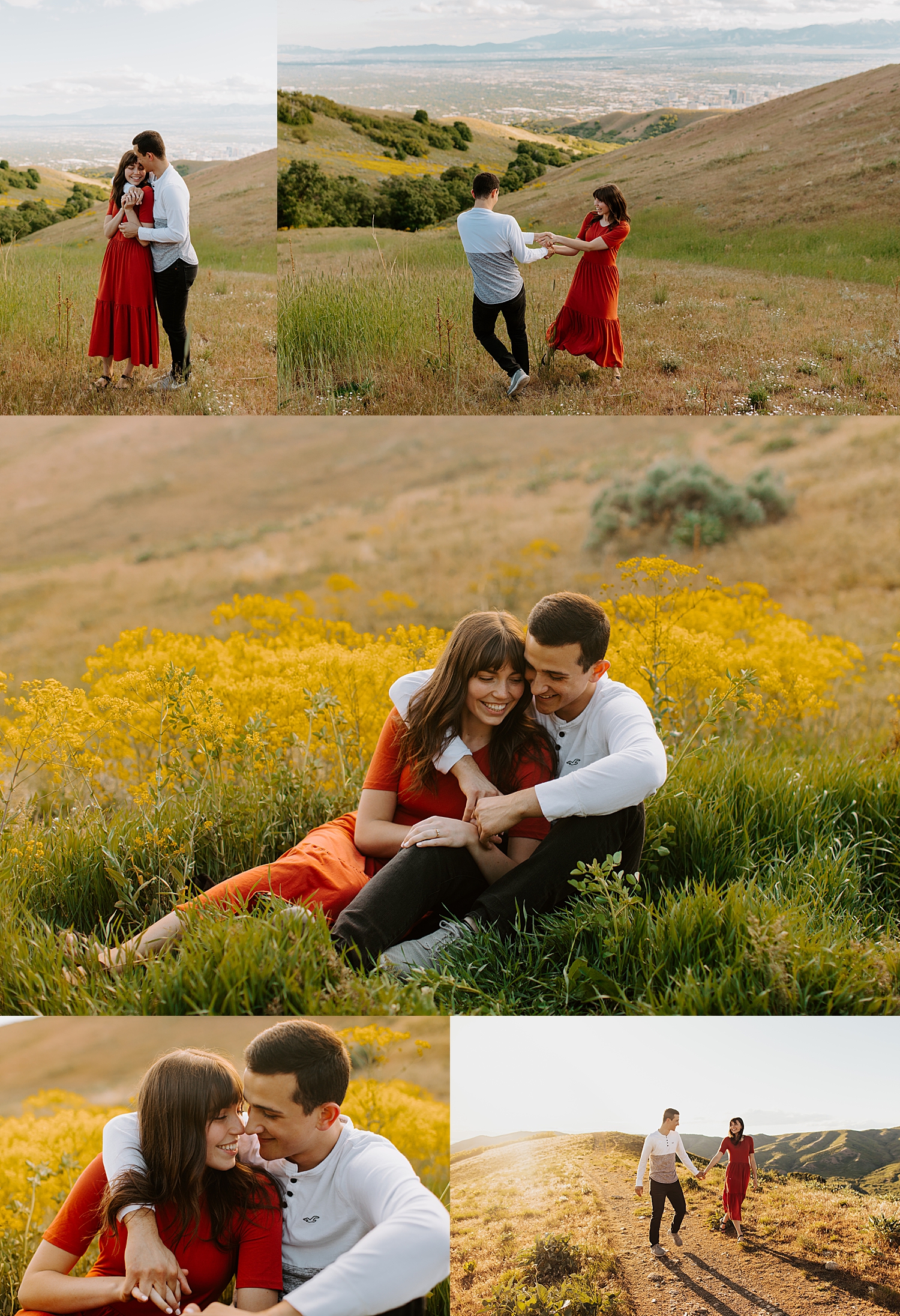 engaged couple snuggle in the flowers for Salt Lake City foothills session
