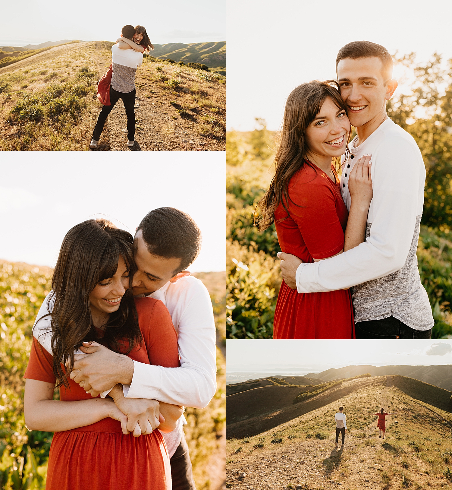 brunette in red hugs her man for Salt Lake City foothills session