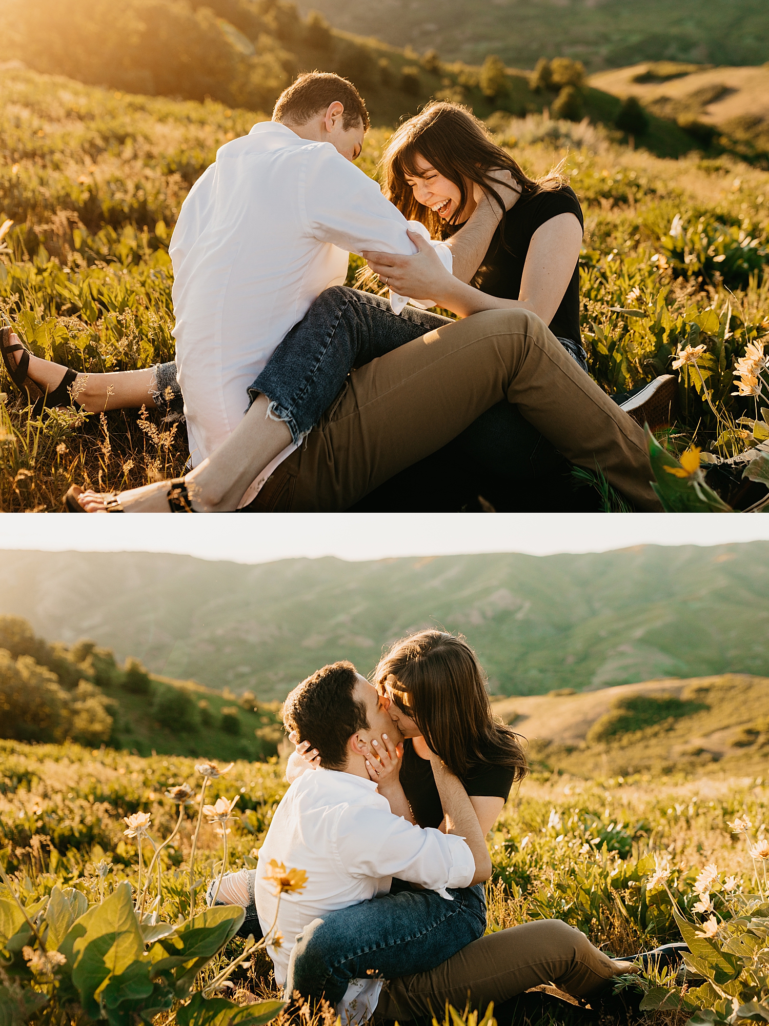 couple giggles as they sit together in wildflowers by Destination wedding photographer