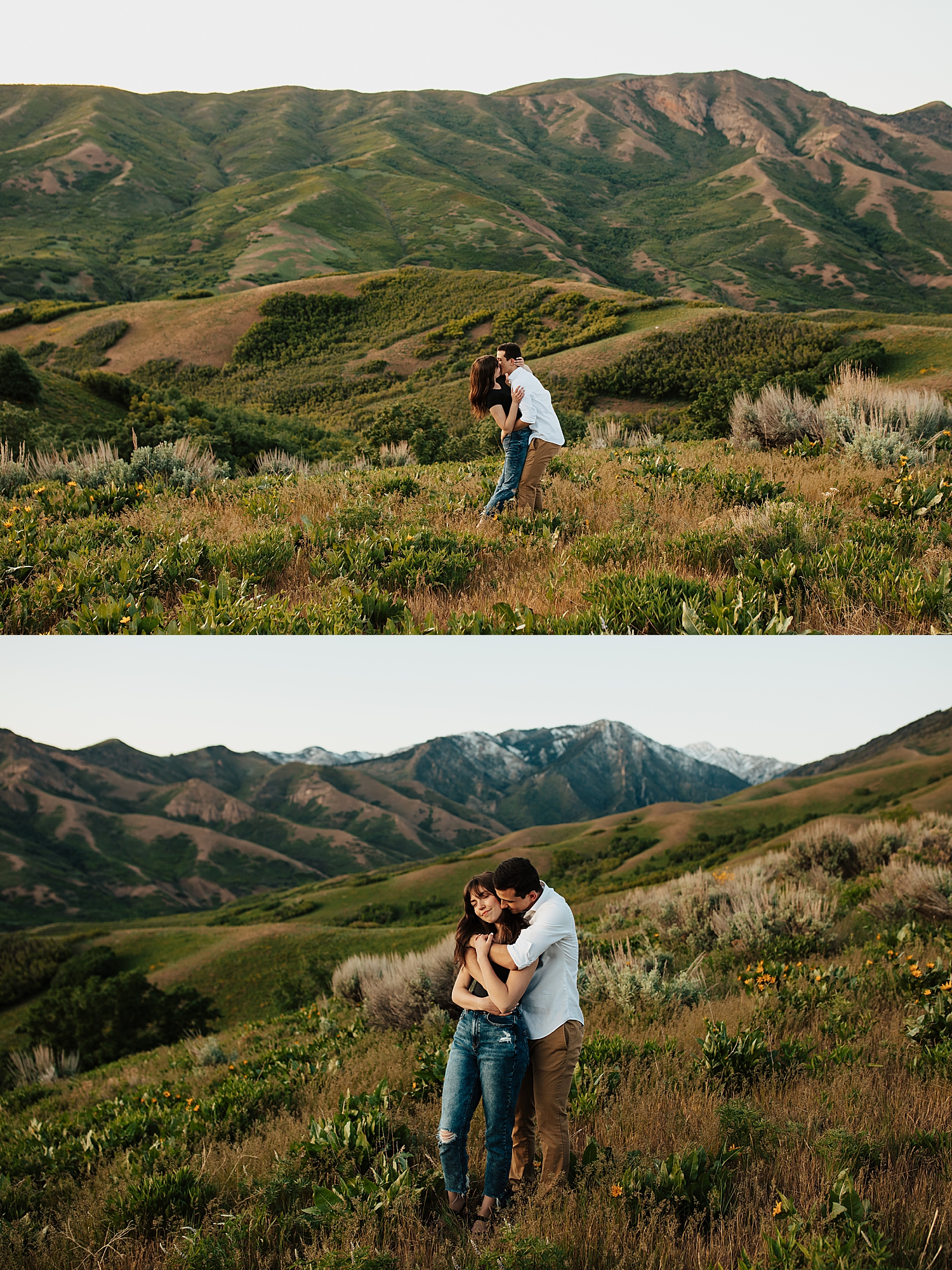 engaged couple snuggles together in mountain field of wildflower by Nicole Aston Photography