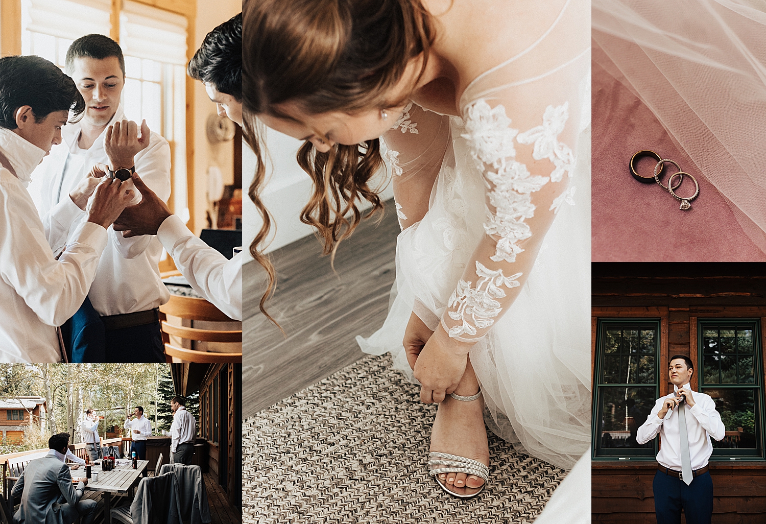 bride buckles her shoe before big day at Snake River Ranch