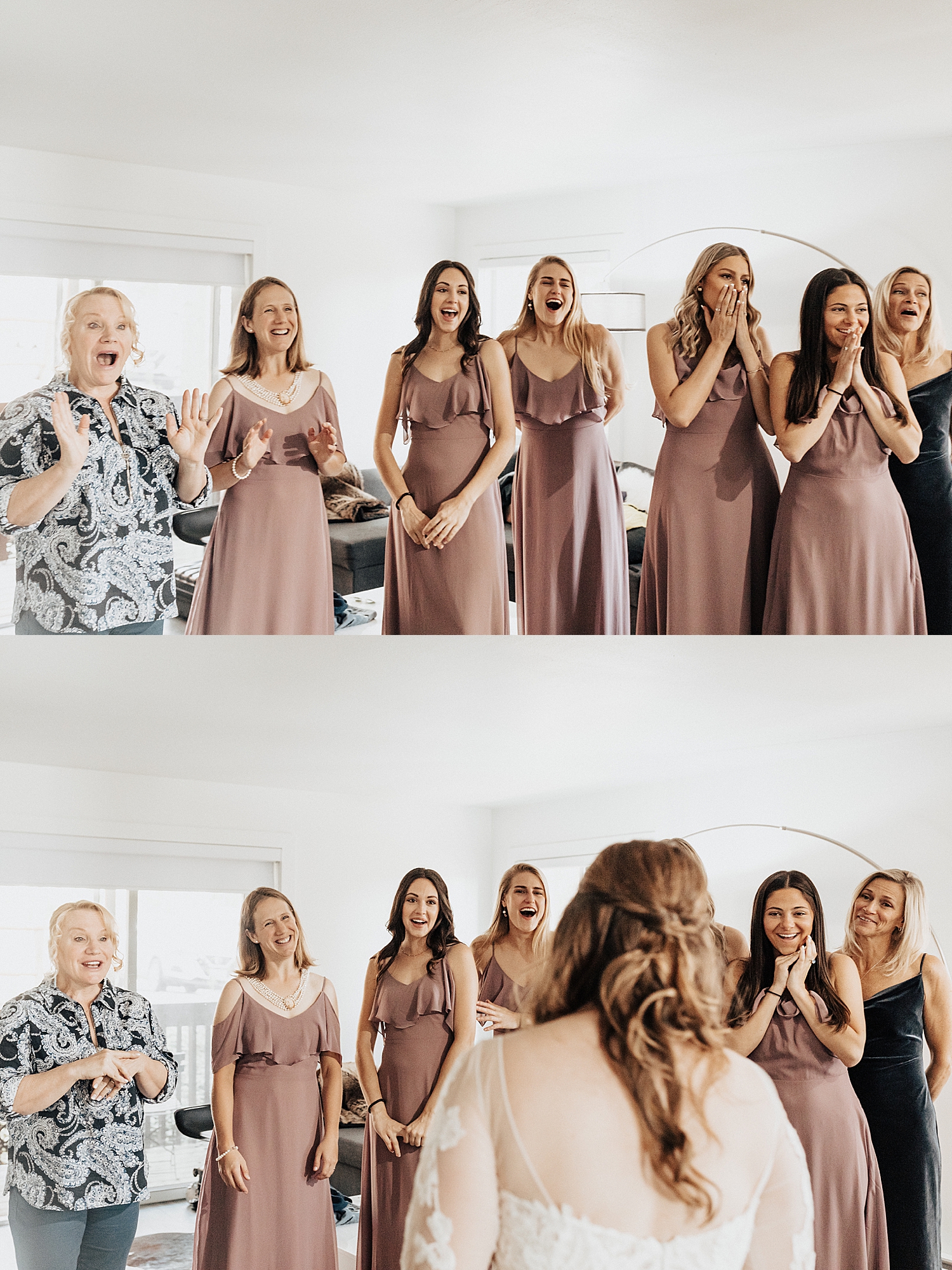 bridesmaids squeal in delight seeing bride for first time by Destination wedding photographer