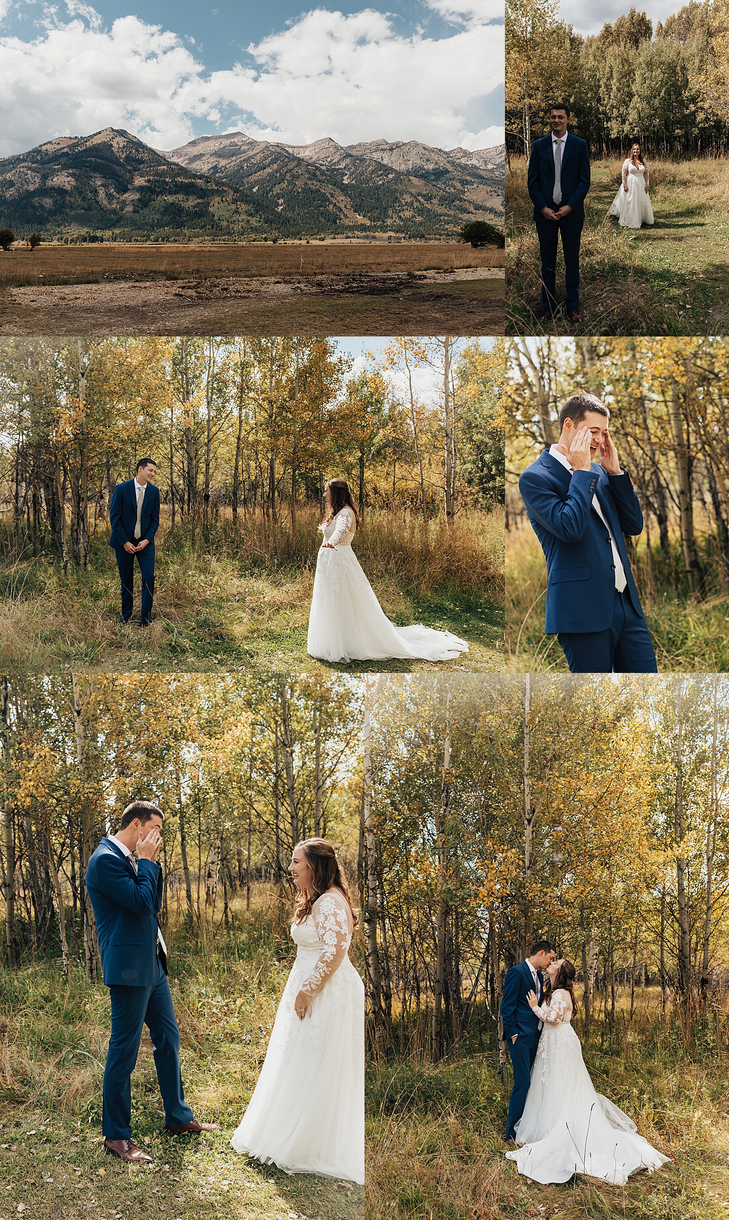woman approaches her groom for first look outside at Snake River Ranch