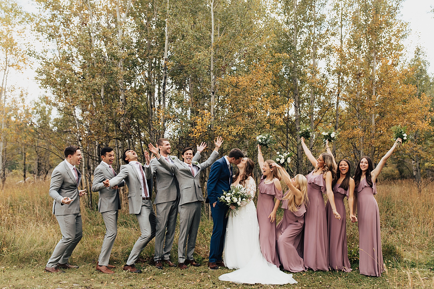 bridal party celebrates newlyweds at Snake River Ranch