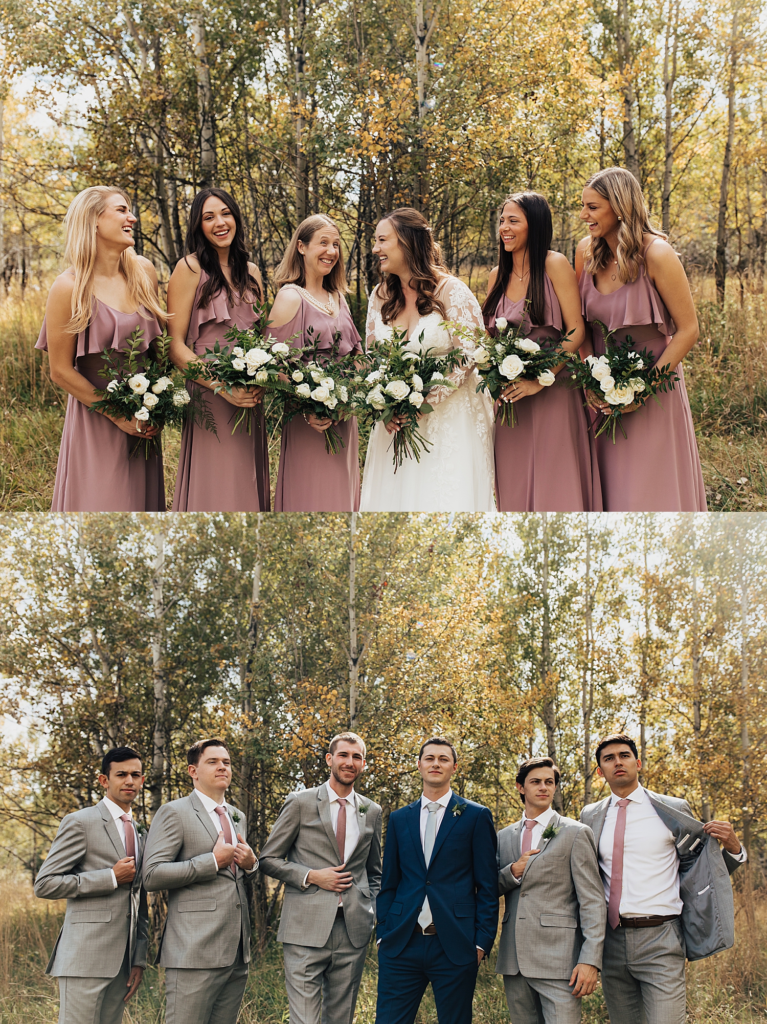 bridesmaids in dusty rose dresses and groomsmen in gray suits stand outside by Destination wedding photographer