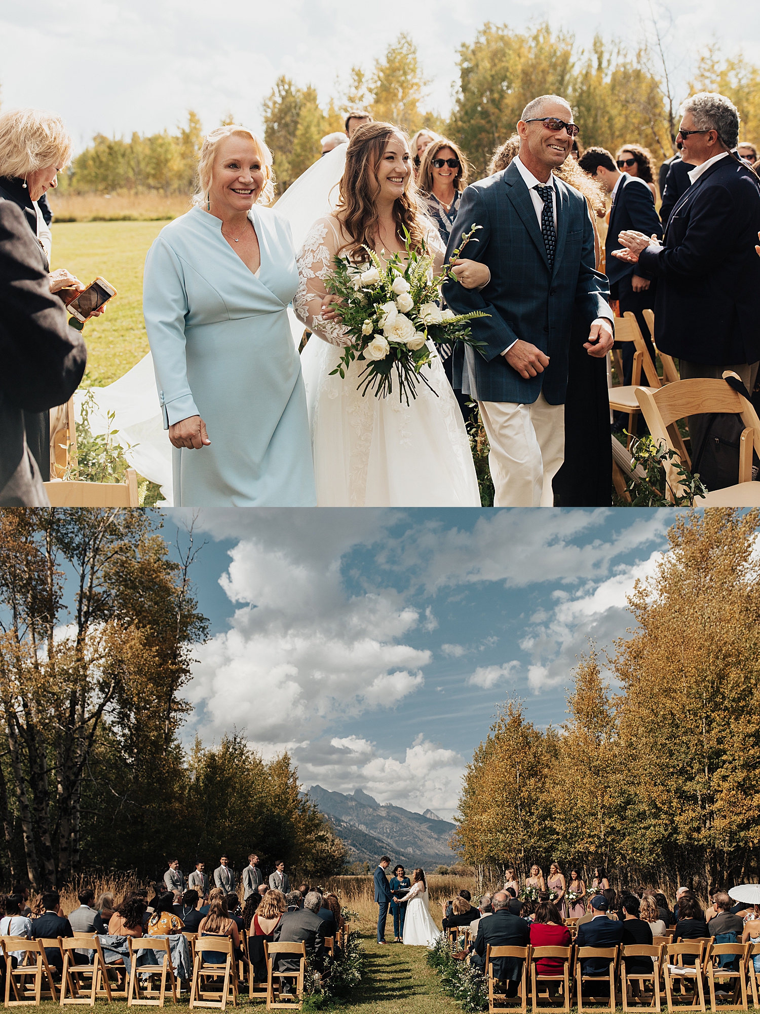 bride walks down the aisle for outdoor ceremony at Snake River Ranch