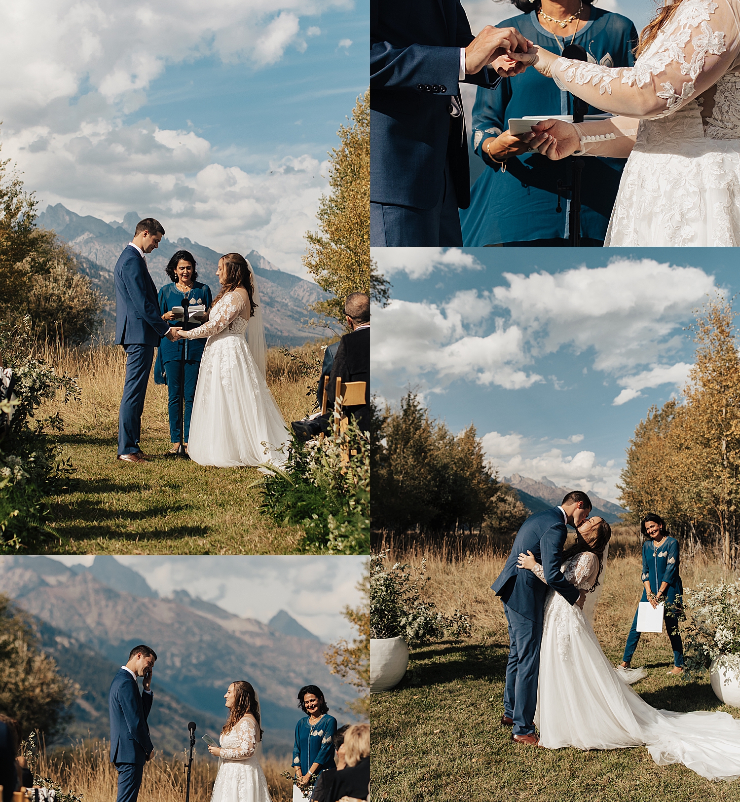 woman and man exchange rings in outdoor ceremony by Destination wedding photographer