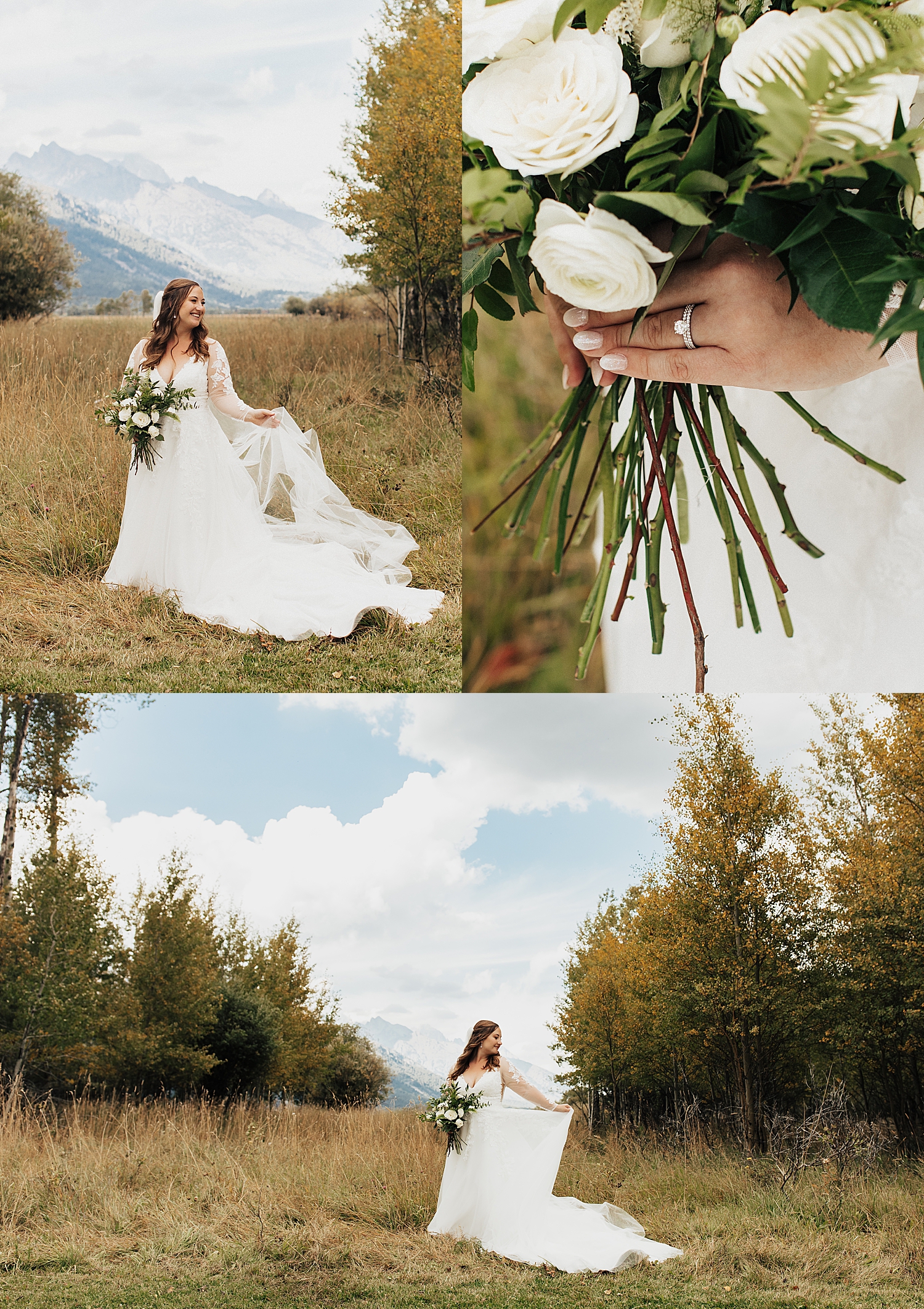 bride stands in field in front of mountain range by Nicole Aston Photography