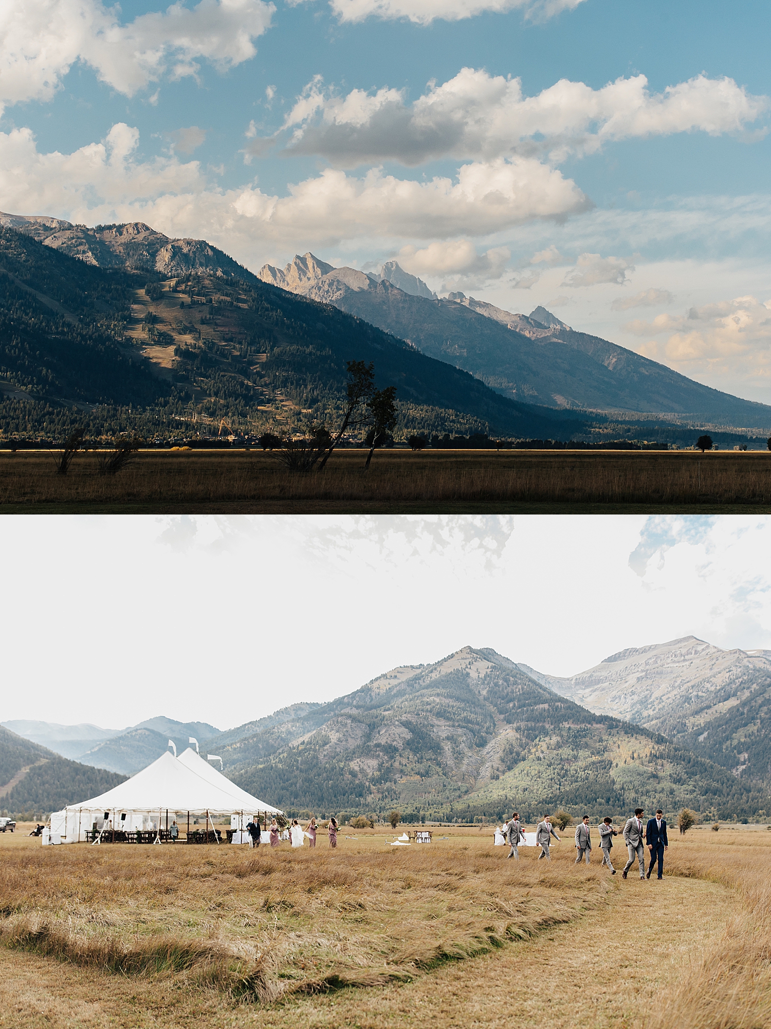 guests walk across field to tented reception by Destination wedding photographer