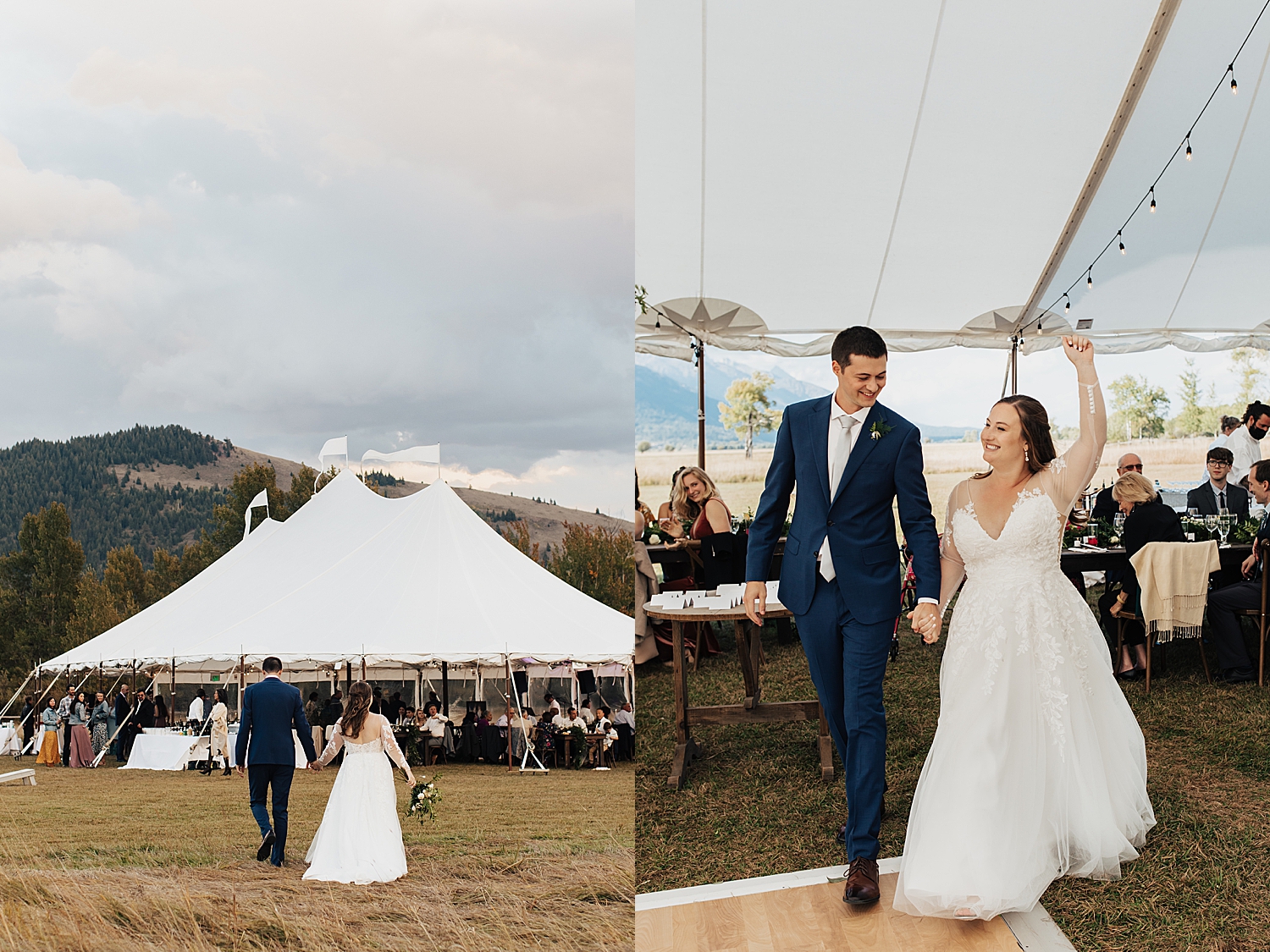 newlyweds enter tented outdoor reception at Snake River Ranch