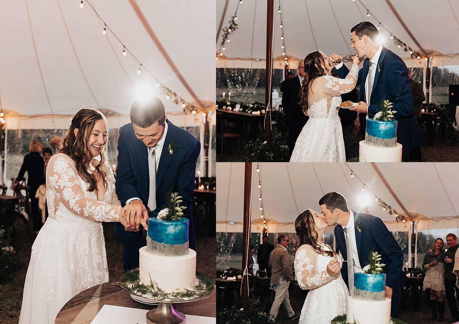 man and woman cut their two tier cake together by Destination wedding photographer