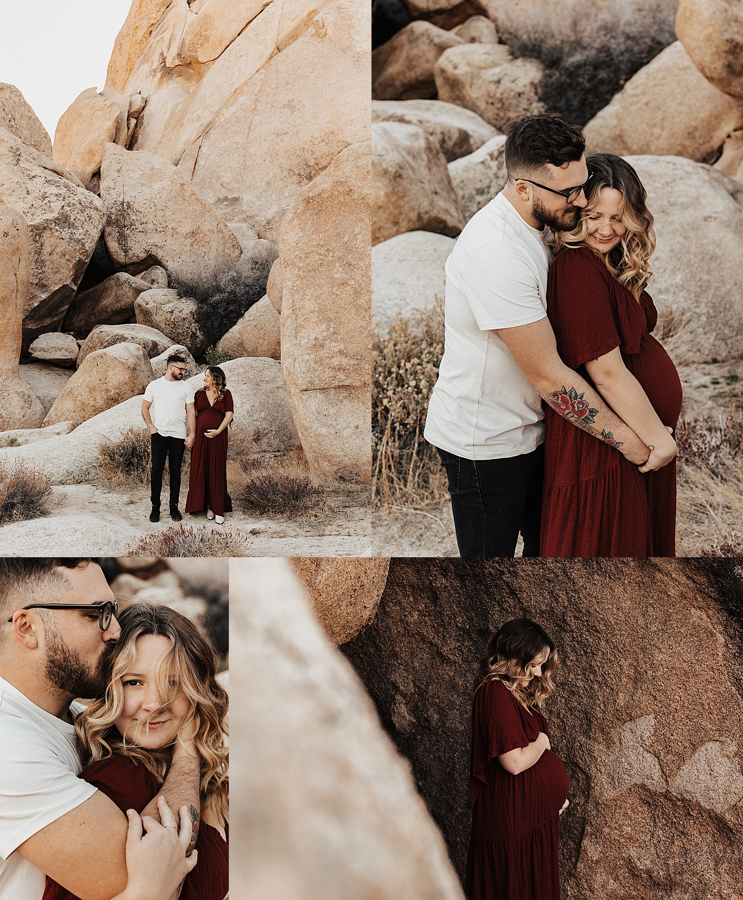 man snuggles up to his partner for Maternity Photos at Joshua Tree