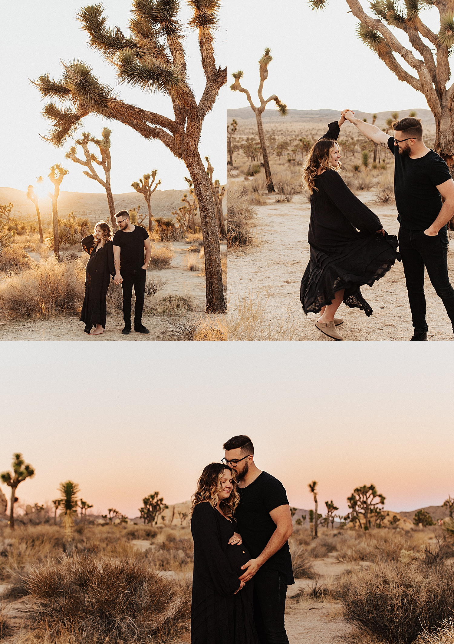 man spins woman in black dress for Maternity Photos at Joshua Tree