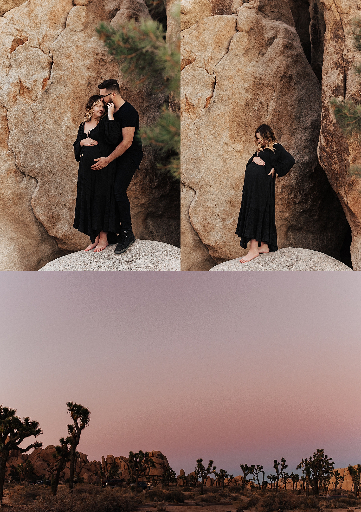 couple in black clothes stand in front of big rock at sunset by Nicole Aston Photography