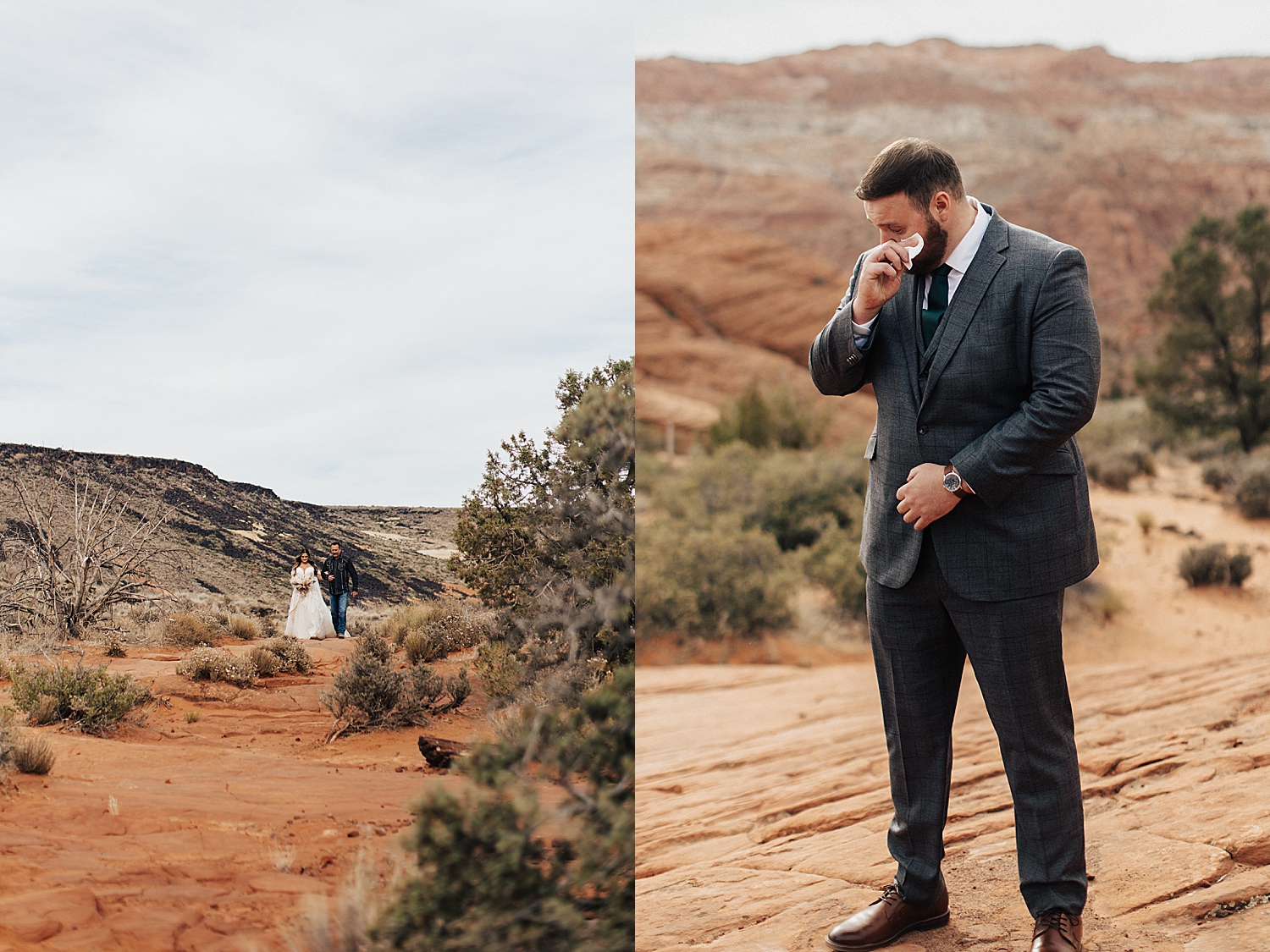 man cries as bride walks up to ceremony in Snow Canyon