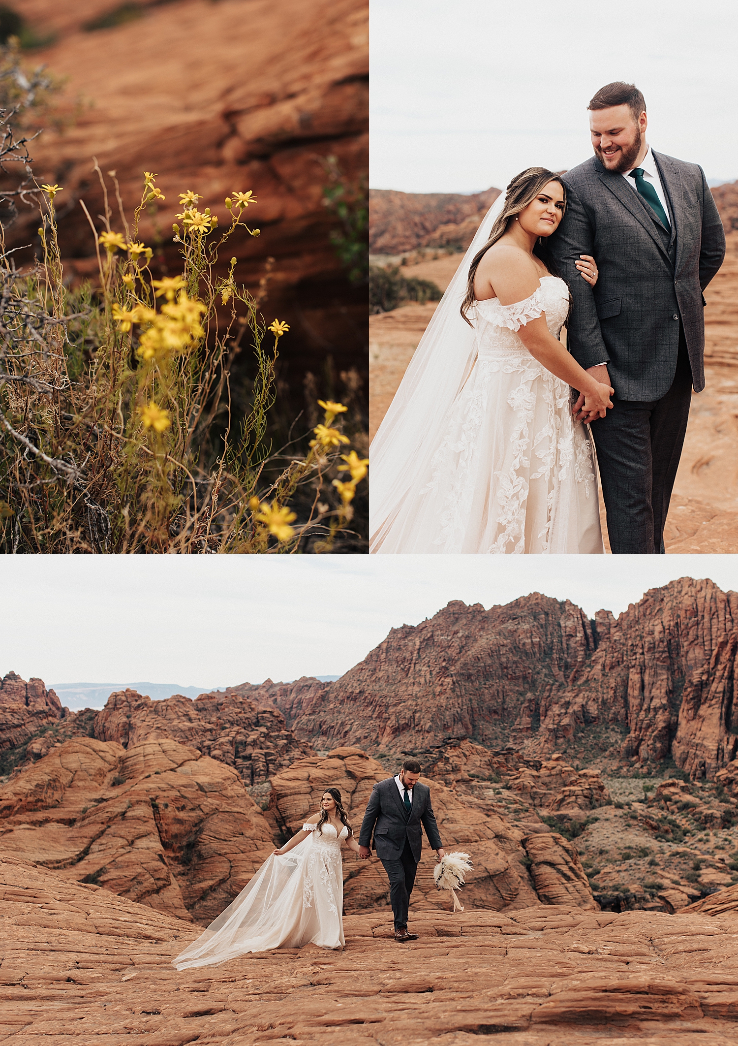 bride and groom walk up red rocks by Destination wedding photographer