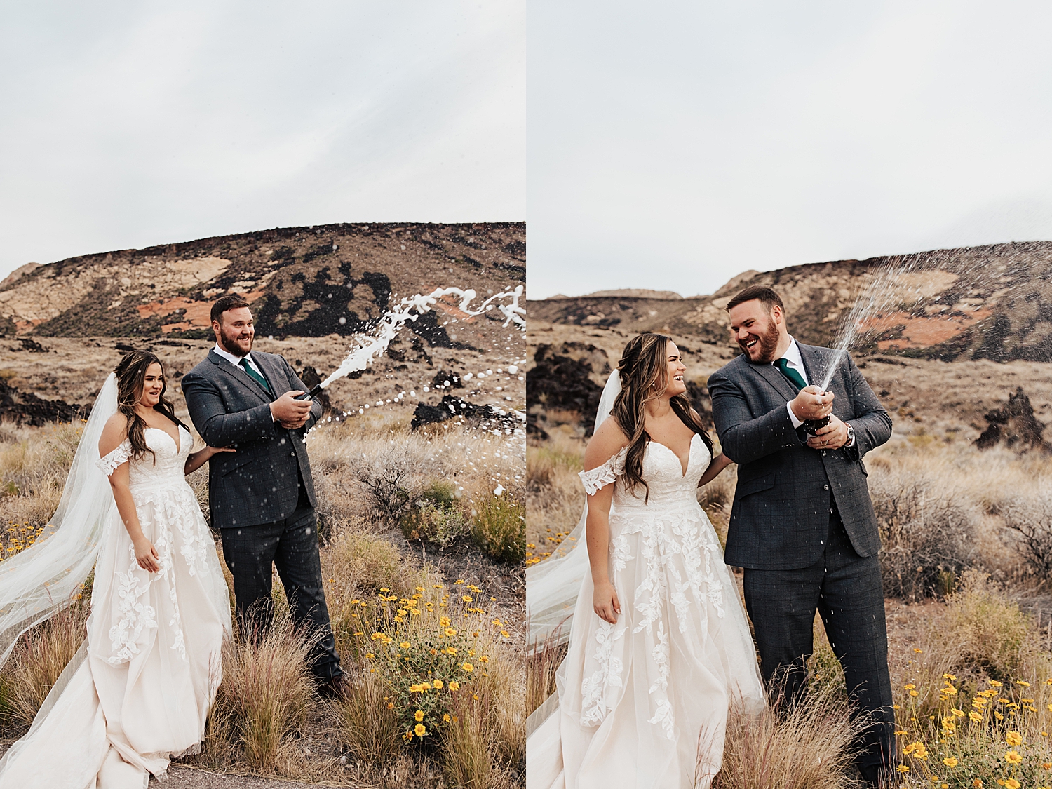 bride and groom pop champagne in the desert by Destination wedding photographer