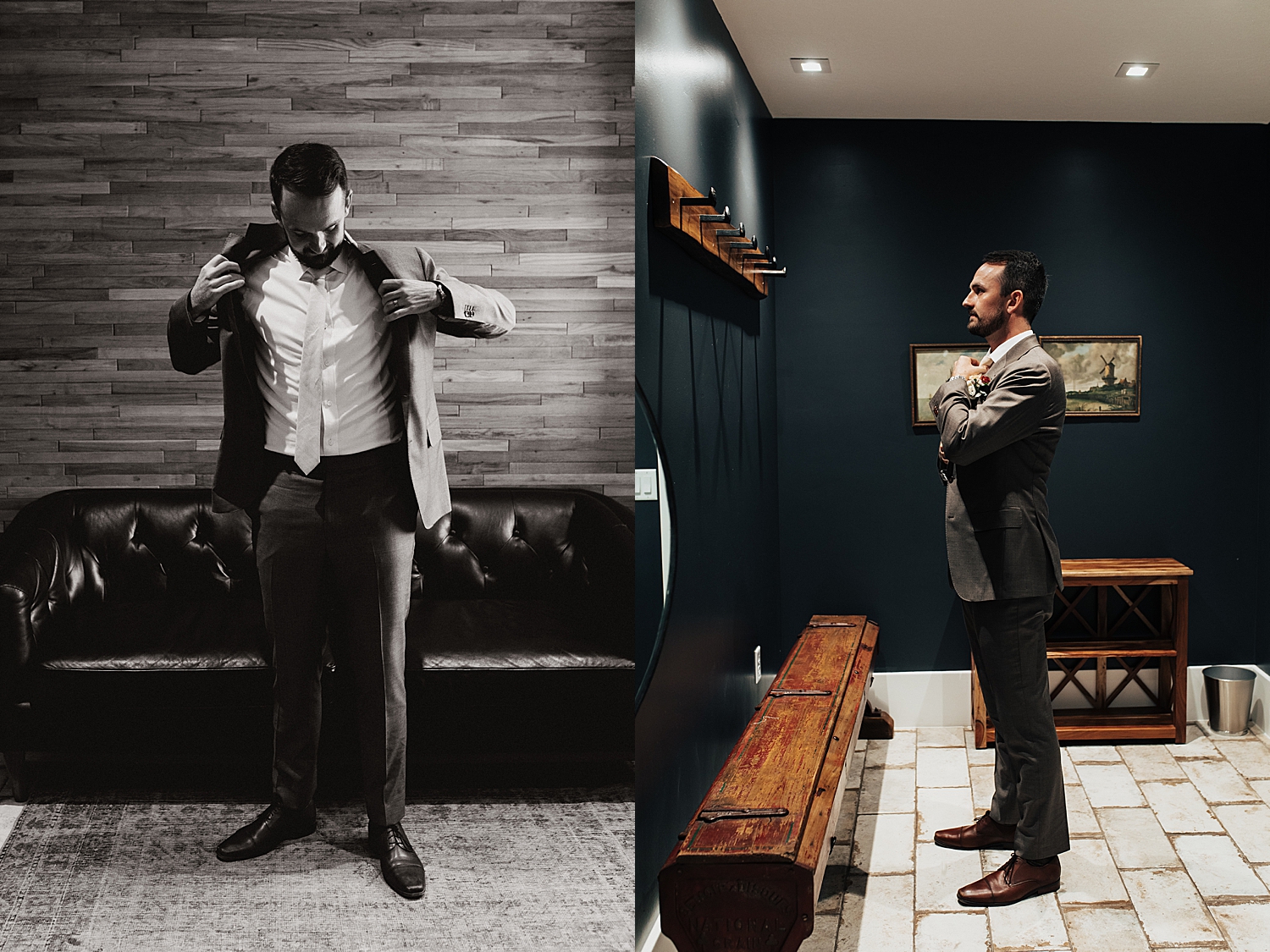 man puts on suit coat for his big day by Destination wedding photographer
