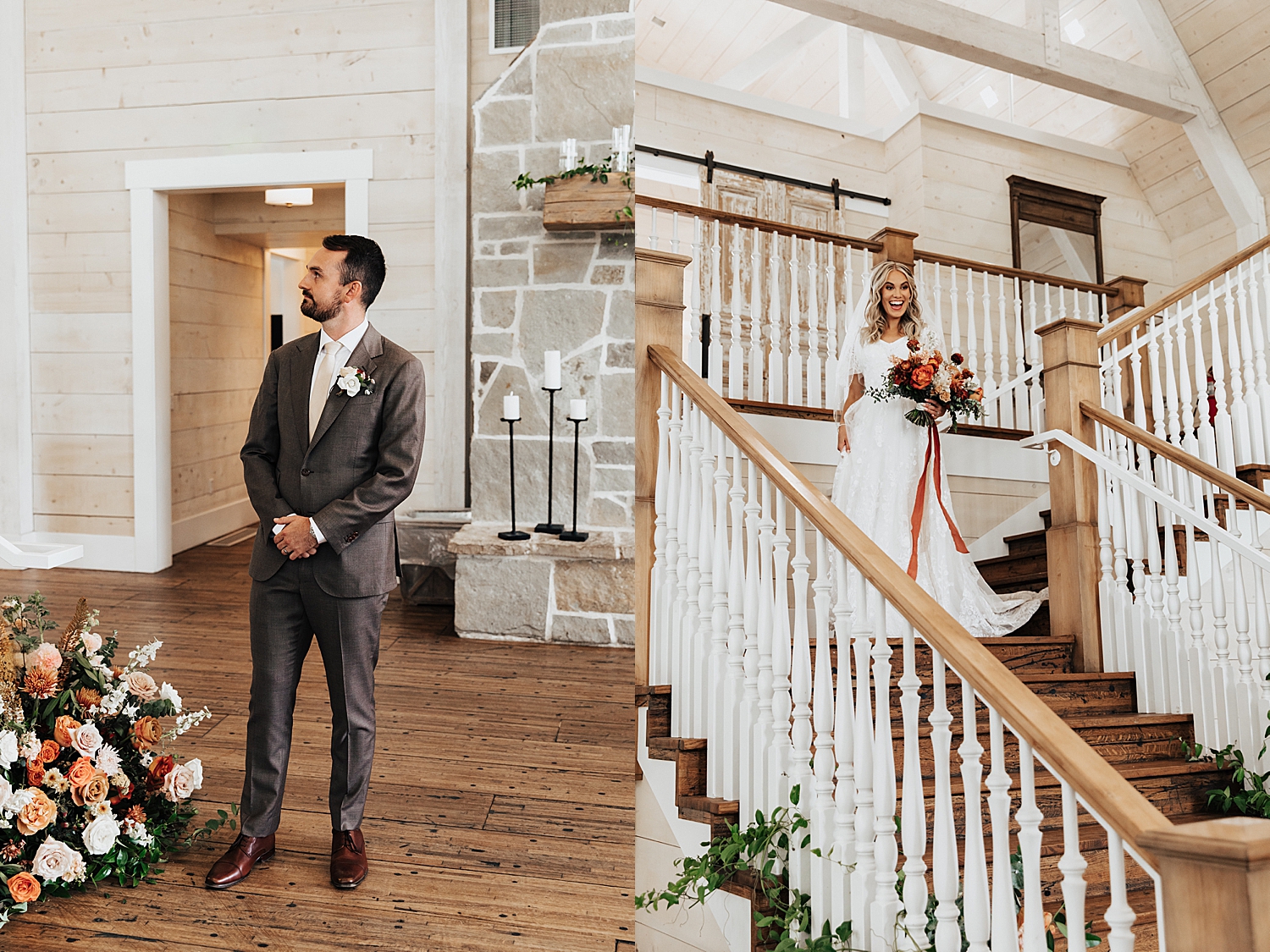 groom watches bride descend the stairs by Destination wedding photographer