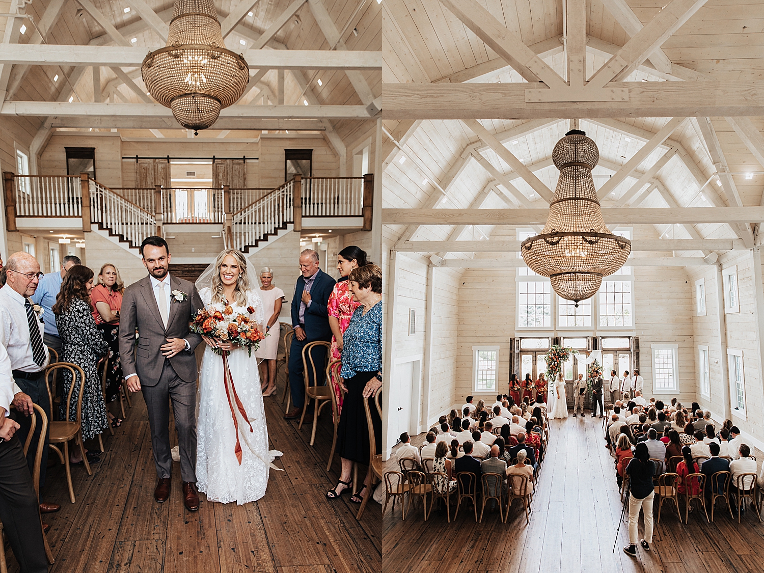 newlyweds walk down floral aisle together at Walker Farms