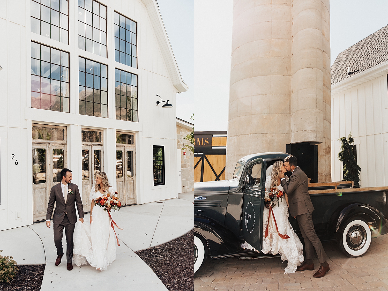 newlyweds share a kiss inside old time truck at Walker Farms