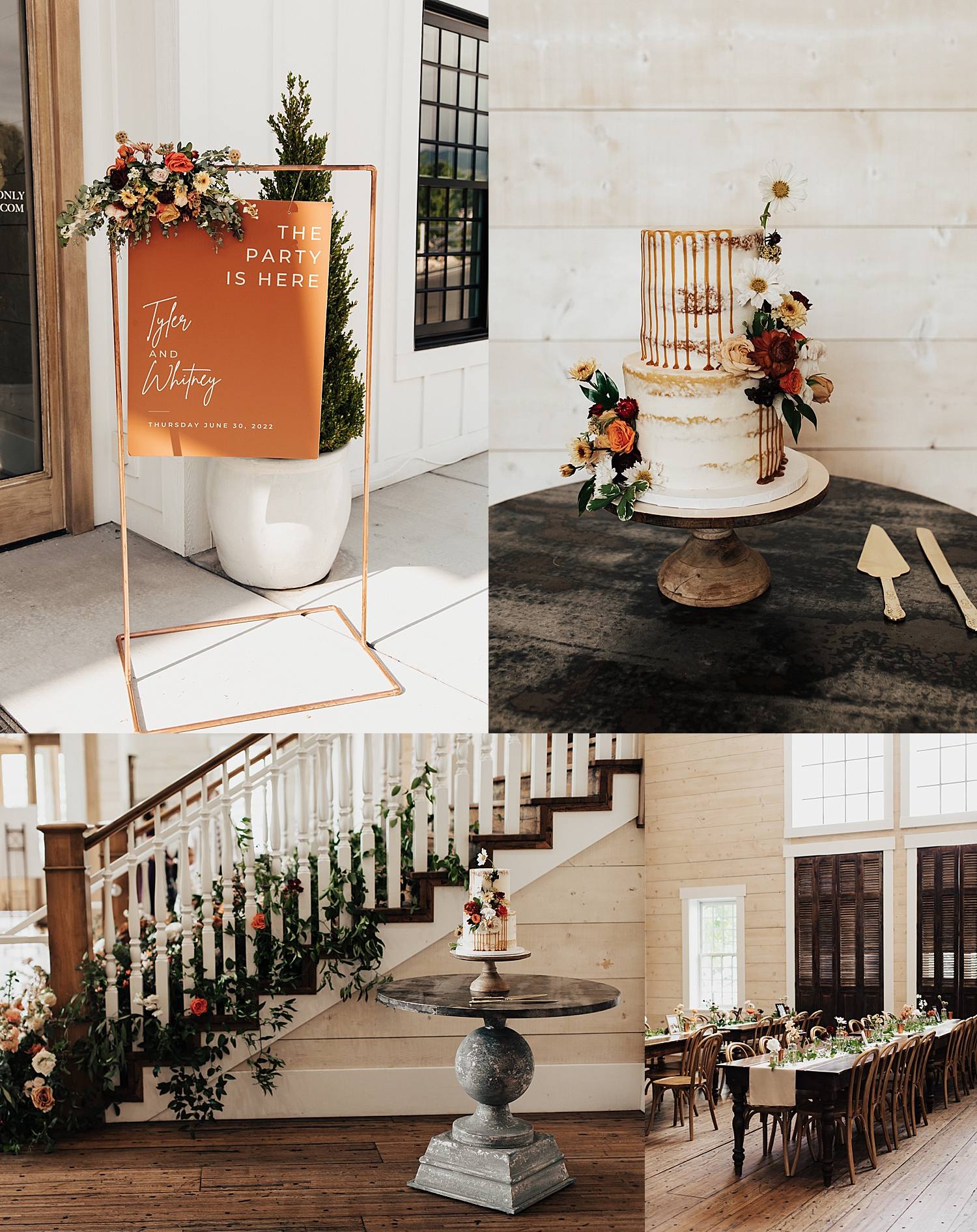 a two tier raw drip cake on stand next to stairs by Nicole Aston Photography
