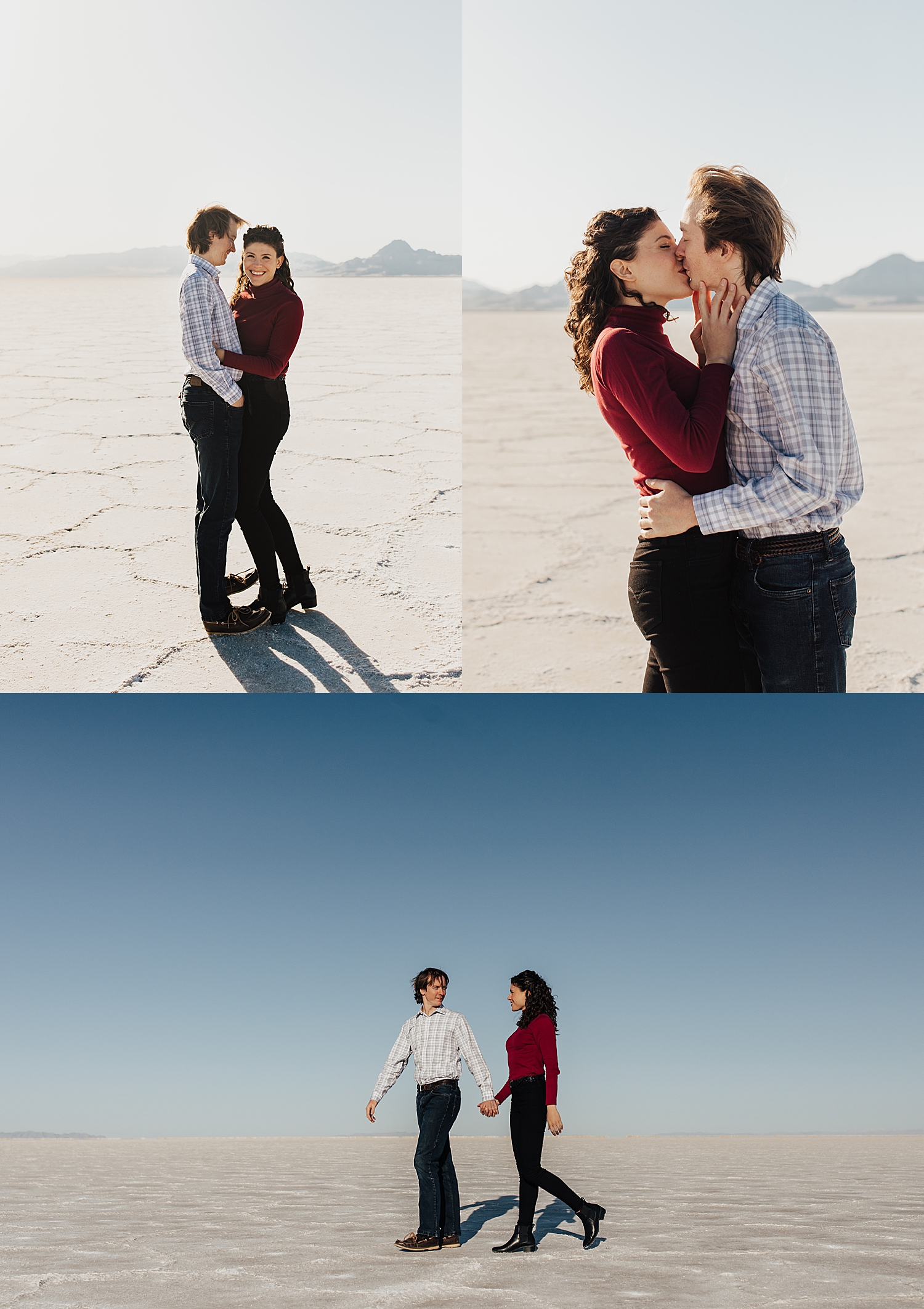 couple share a kiss while standing in desert landscape of Utah by Destination wedding photographer