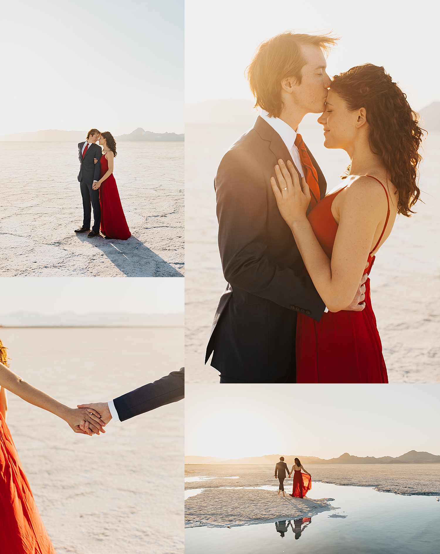 couple walks across the flooded salt flats in formal wear