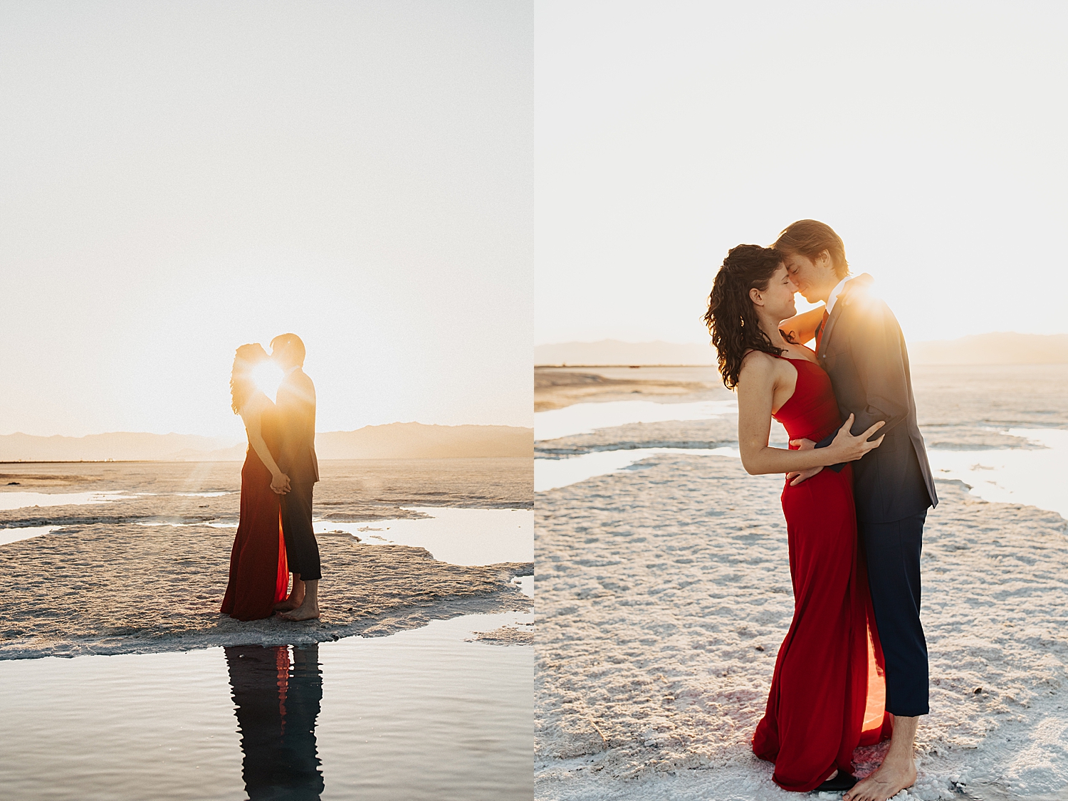 engaged couple share a kiss with the setting sun between them standing on the flooded salt flats