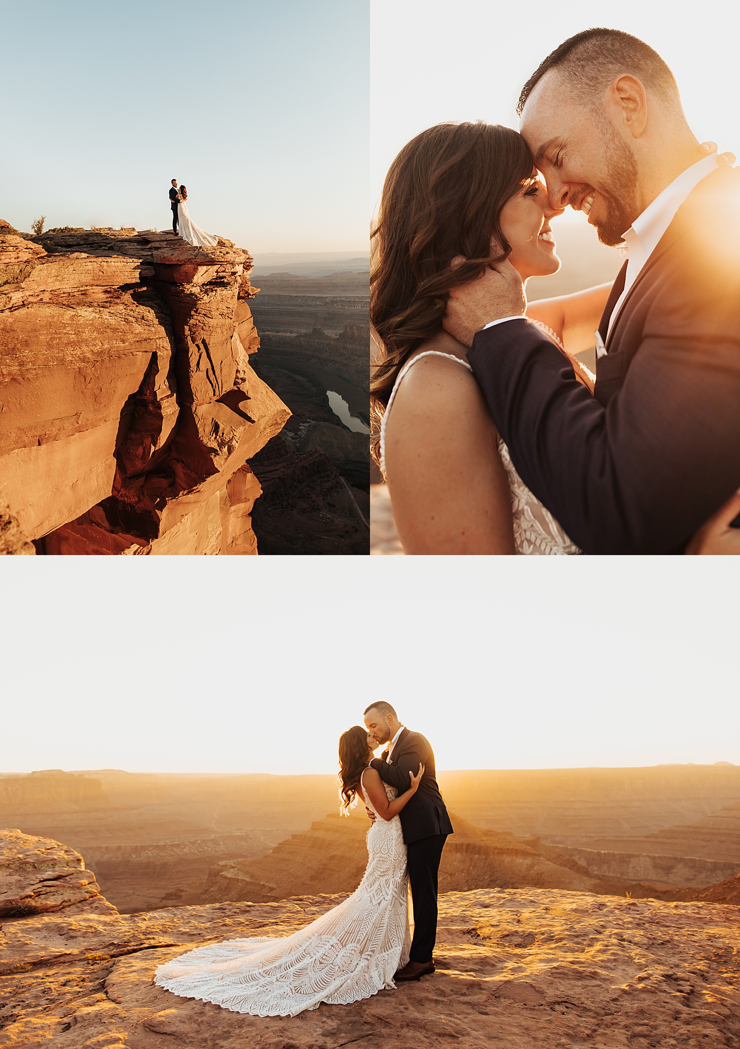newlyweds share a kiss during golden hour overlooking a canyon for Moab Micro Wedding