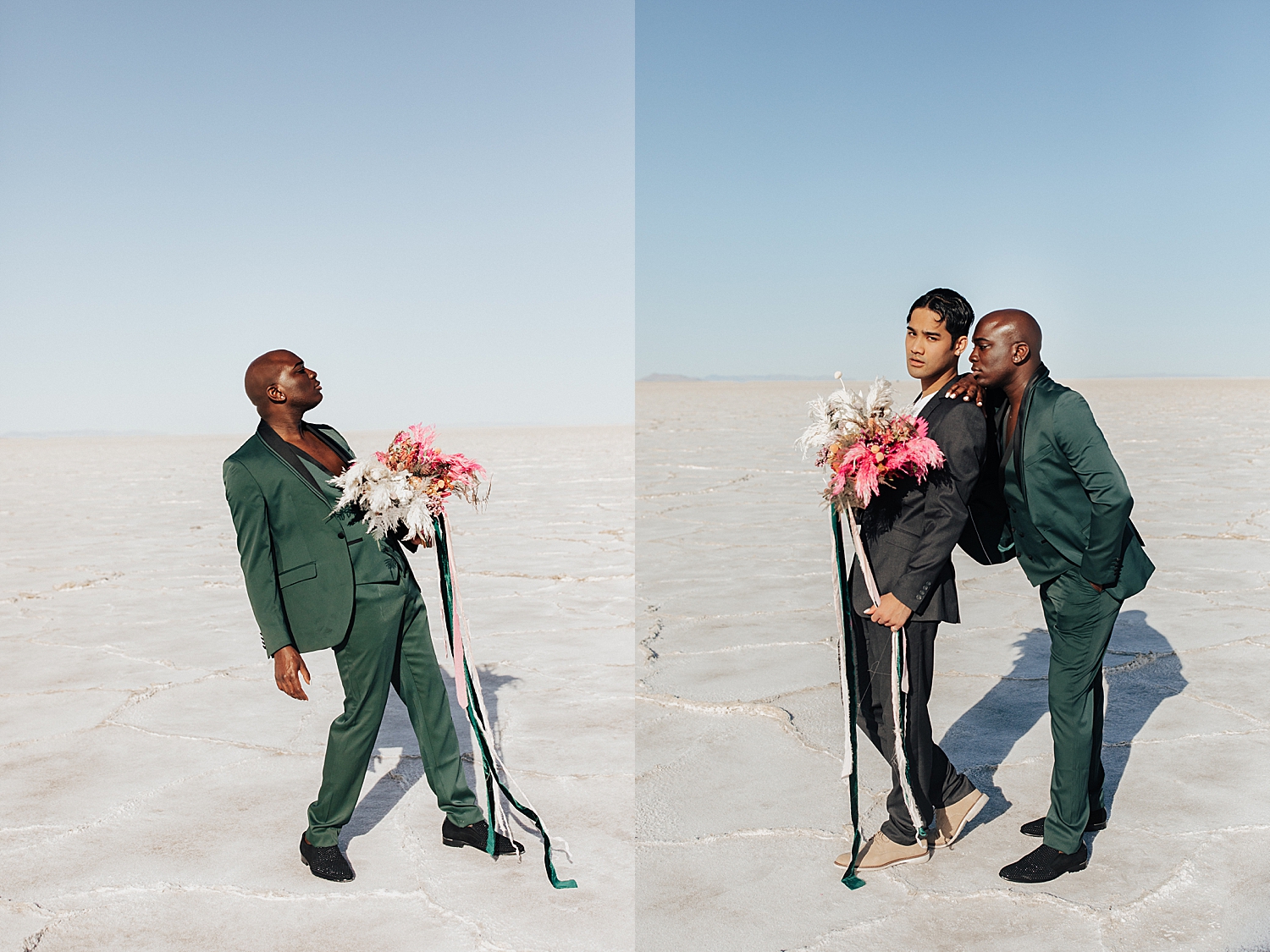 men in suits hold bouquets for styled session with sweet afton floral
