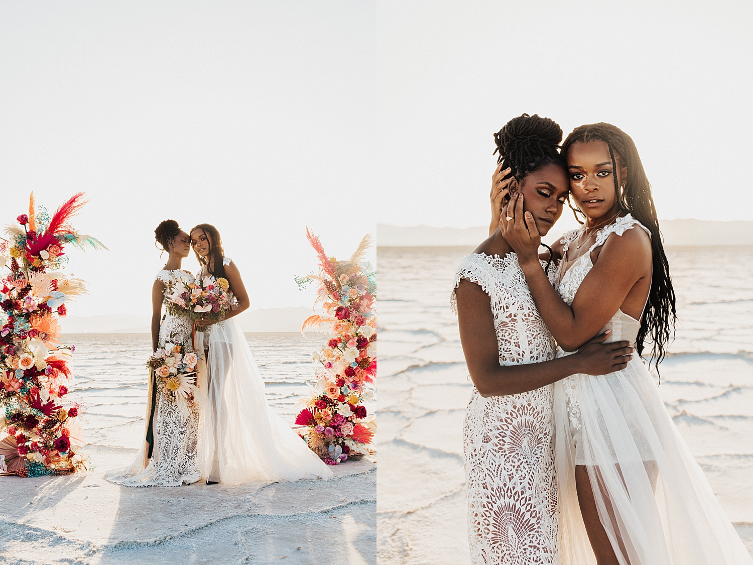 two brides in lace dresses stand on the salt flats for styled session with sweet afton floral