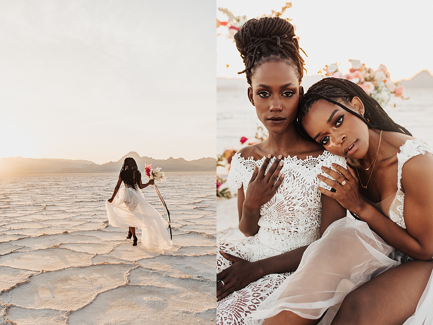brides snuggle together sitting on the ground during golden hour for styled session with sweet afton floral