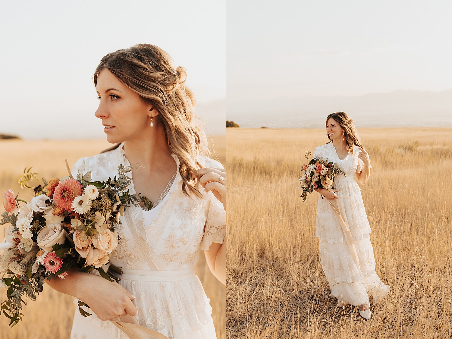 woman in long white dress with flowers in a field at Tunnel Springs