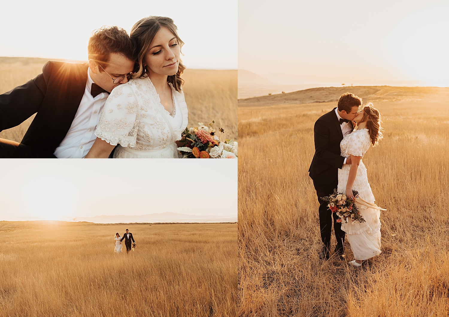 man leans in to kiss his bride's shoulder in a field at Tunnel Springs