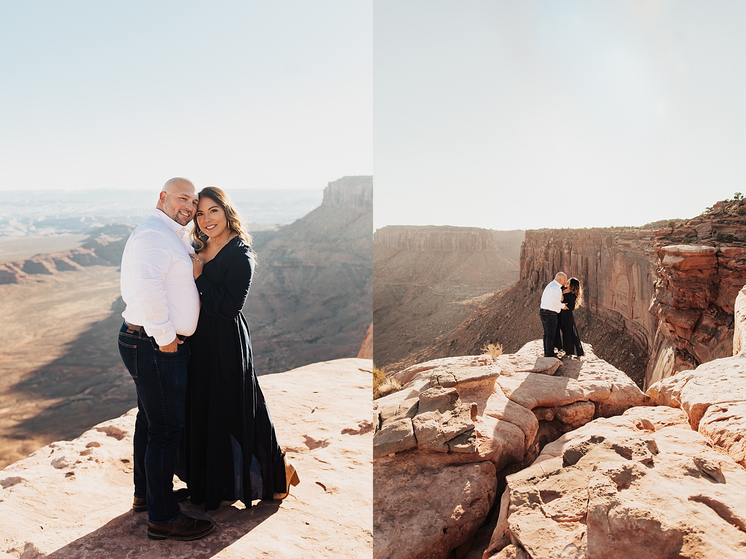 couple stand on cliffside for Canyonlands National Park engagement session