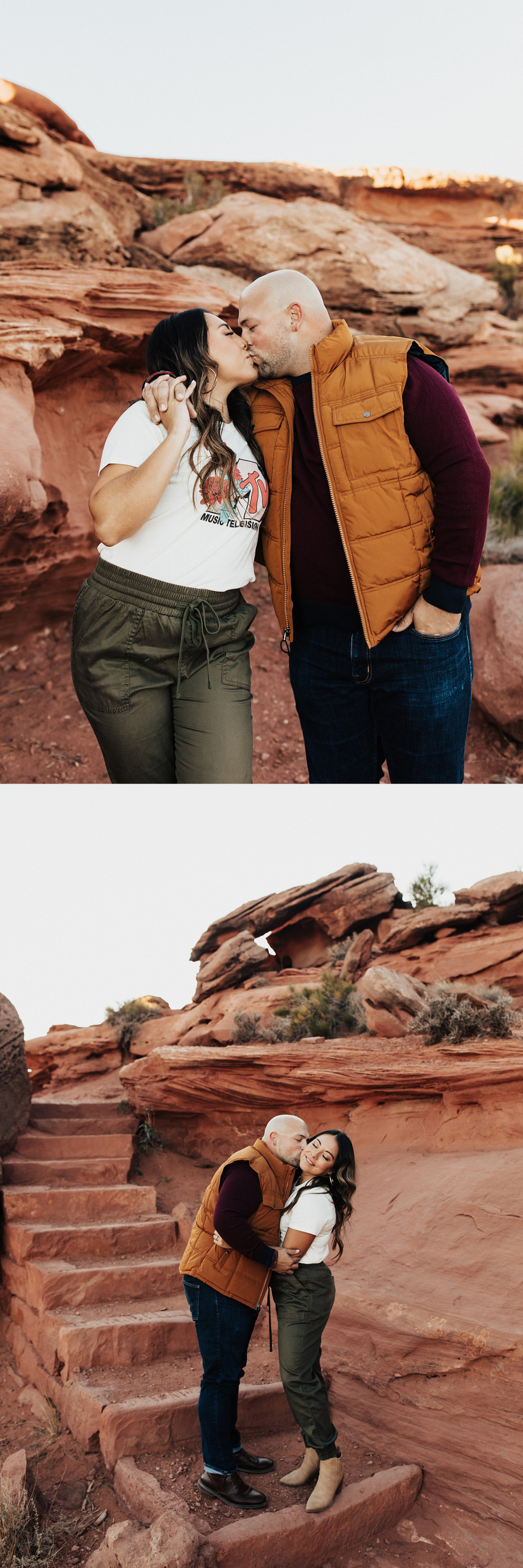 man leans in to kiss his fiance on the cheek on red rock steps by Nicole Aston Photography