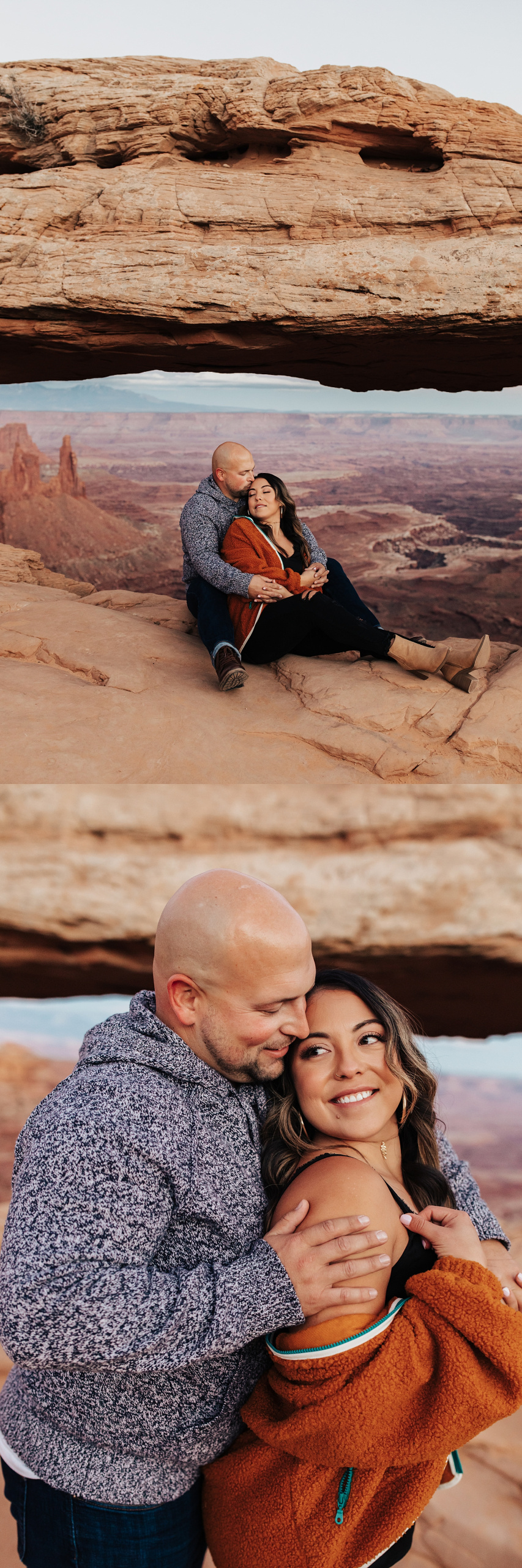 brunette leans against her man under arch for Canyonlands National Park engagement session