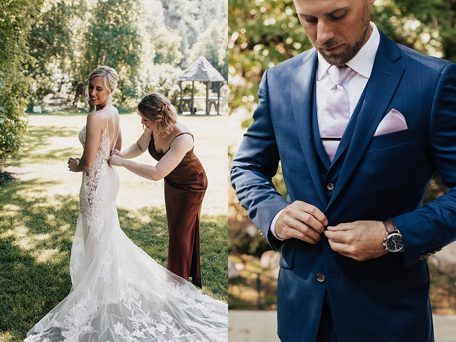 bridesmaid helps bride zip her dress outdoors by Destination wedding photographer