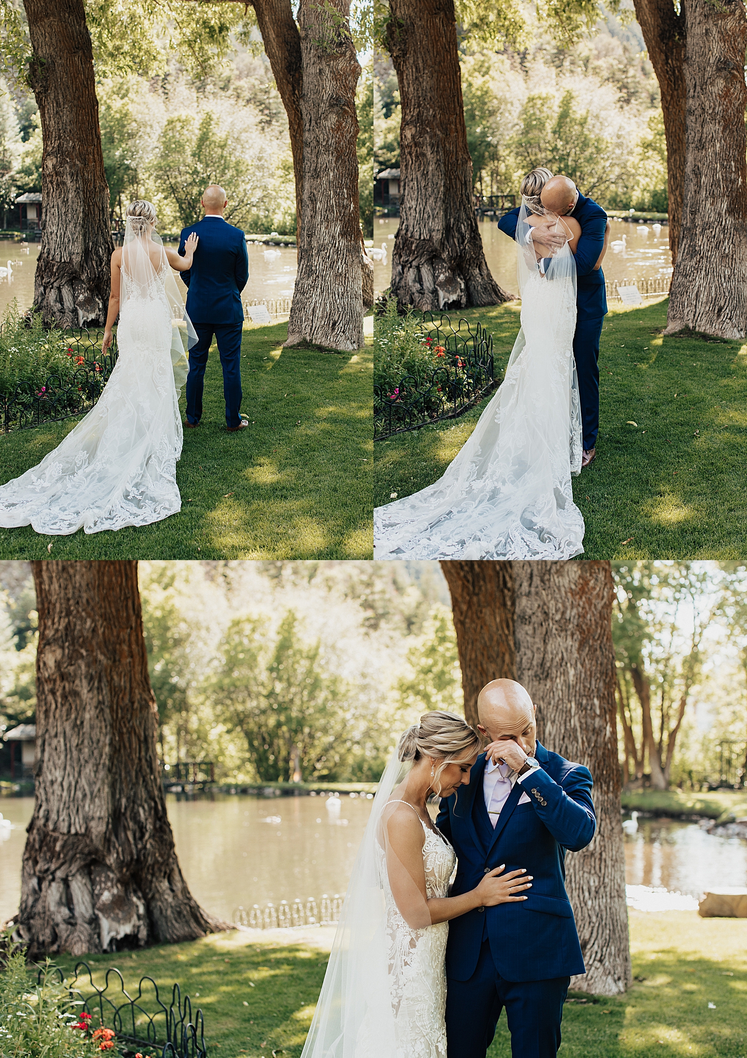 man embraces woman closely for first look under tall trees at Log Haven Restaurant in Utah